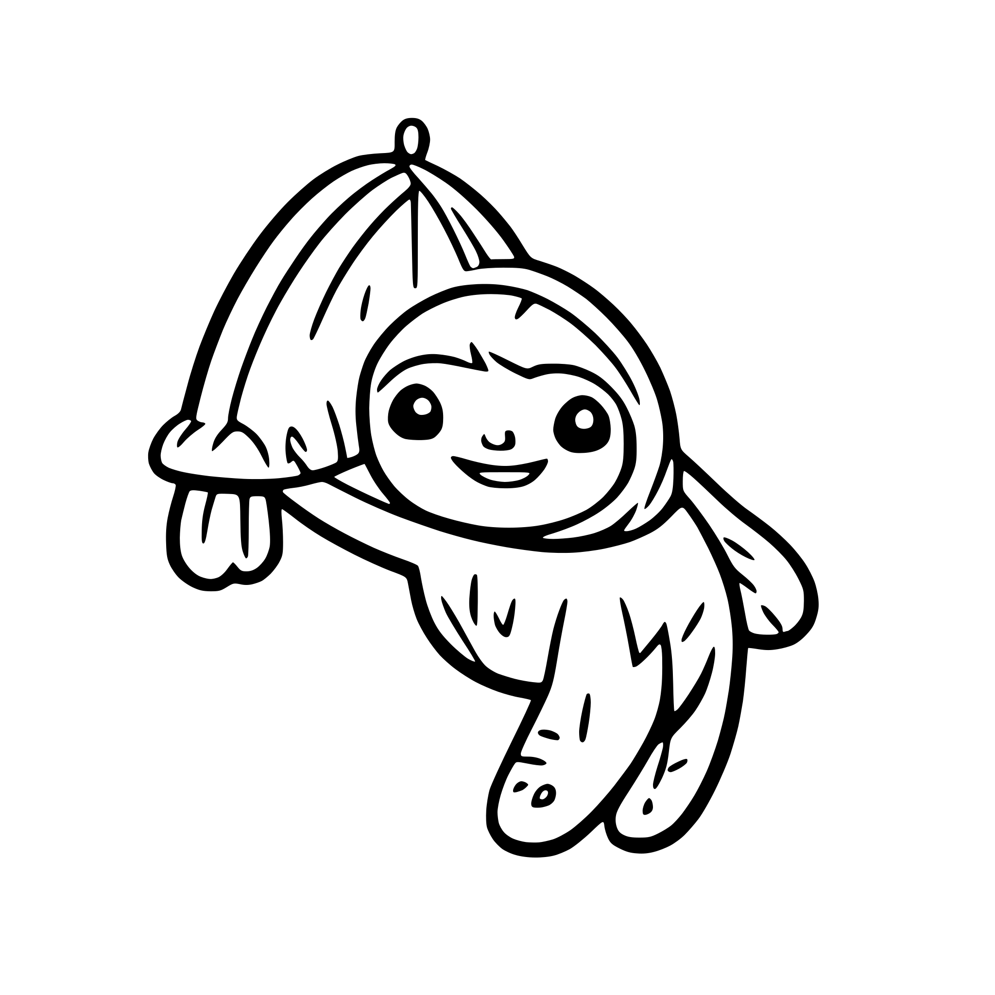 AI-generated SVG of a a cheerful sloth hanging from a rainbow