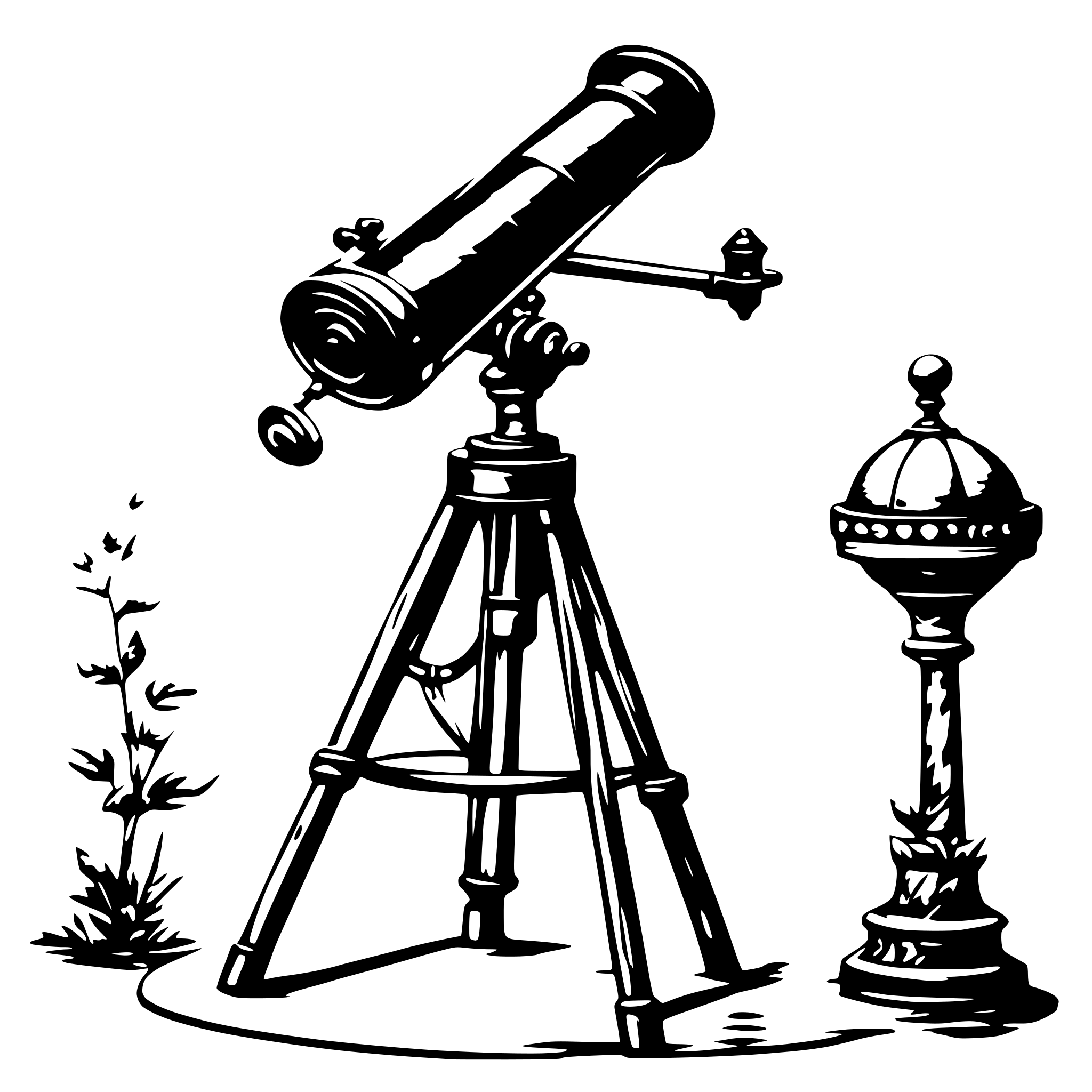 AI-generated SVG of 'A black and white SVG drawing of an antique telescope mounted on a tripod stand. The telescope has detailed engravings along the barrel and a rotating mechanism at its base. The tripod is elegant, with carved legs.'