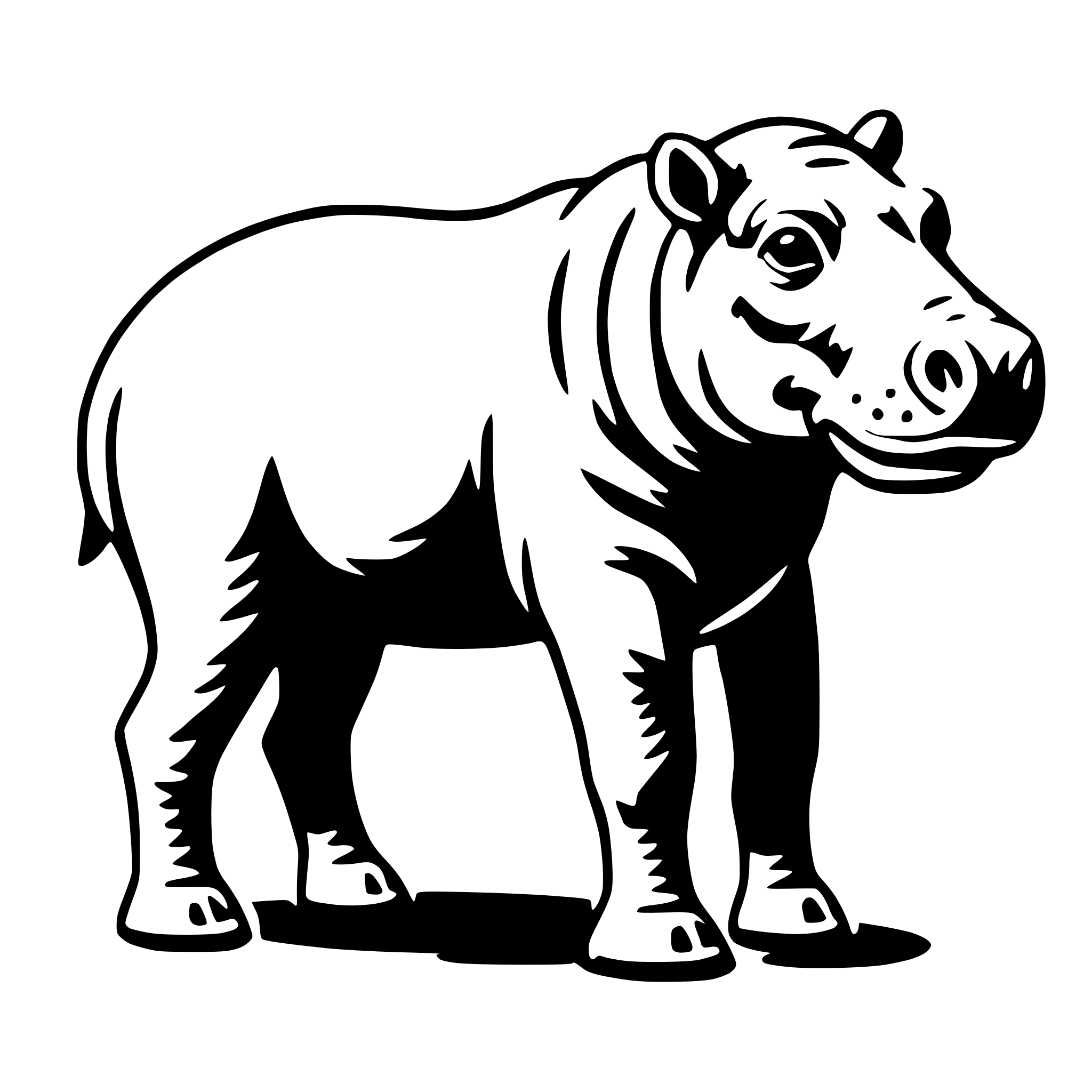 The SVG depicts a stylized, cartoon-like depiction of a hippopotamus. The hippo is standing with its front legs slightly forward, and its head is turned to the side, showing one eye and part of its mouth. The tail is visible and appears to be curved. The SVG is simple and uses solid black lines against a white background, with no shading or color variation. There is no interaction between objects as the SVG is a single, isolated figure. 