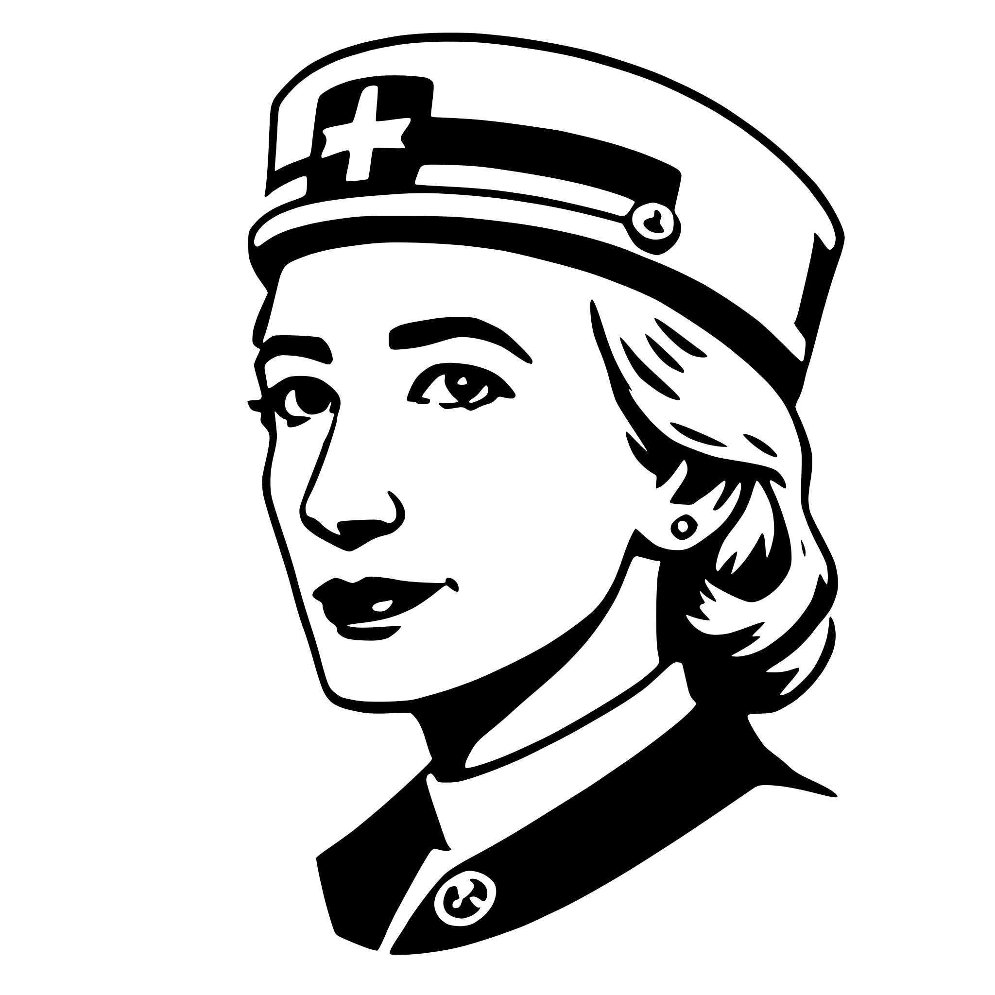 The SVG depicts a stylized illustration of a person wearing a nurse's cap. The cap has a red cross symbol on the front, which is commonly associated with medical services. The person is shown with a neutral expression, looking directly at the viewer. The illustration is simplistic, with minimal detail, and uses solid colors without shading or gradients. The cap is the most prominent feature, suggesting that the person is a nurse or working in a medical field. The overall style is graphic and appears to be designed for clarity and recognition rather than artistic detail. 