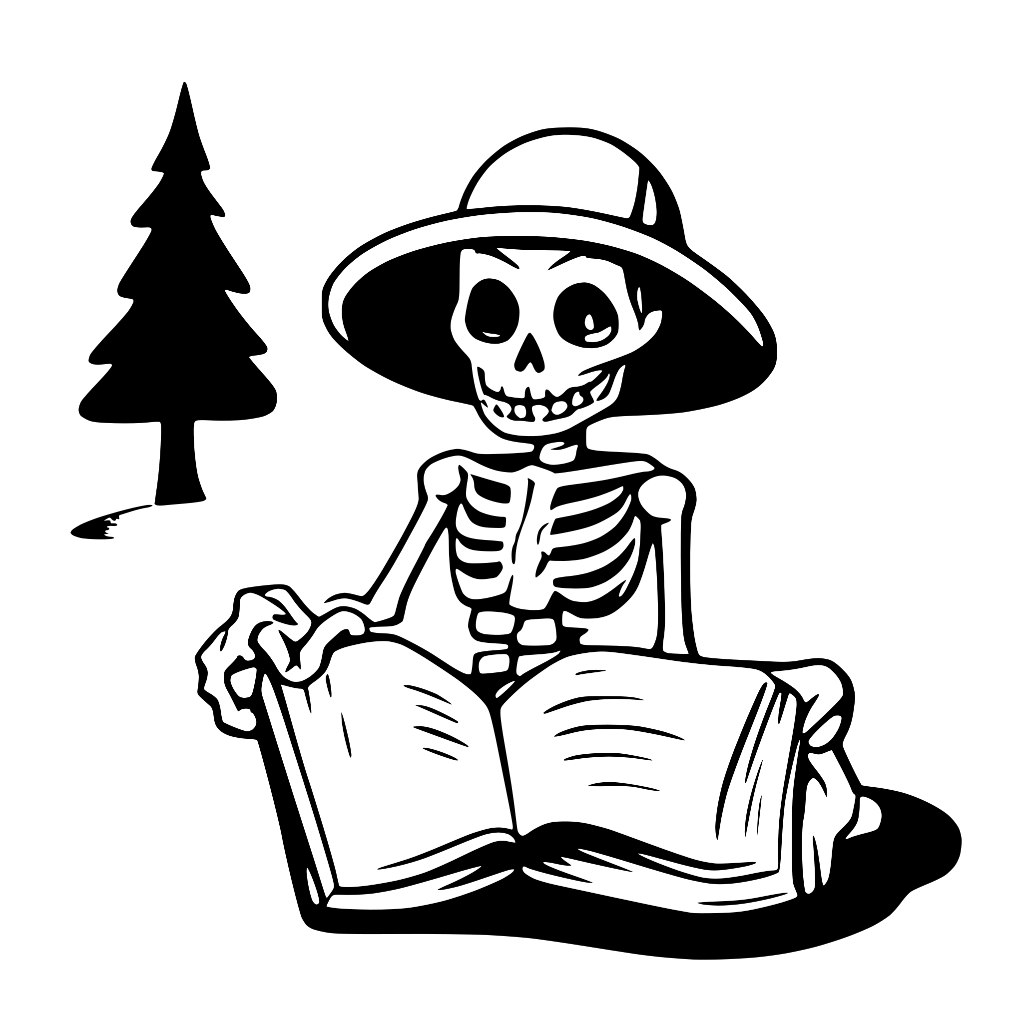 AI-generated SVG of a a skeleton on a cemetery reading a big book