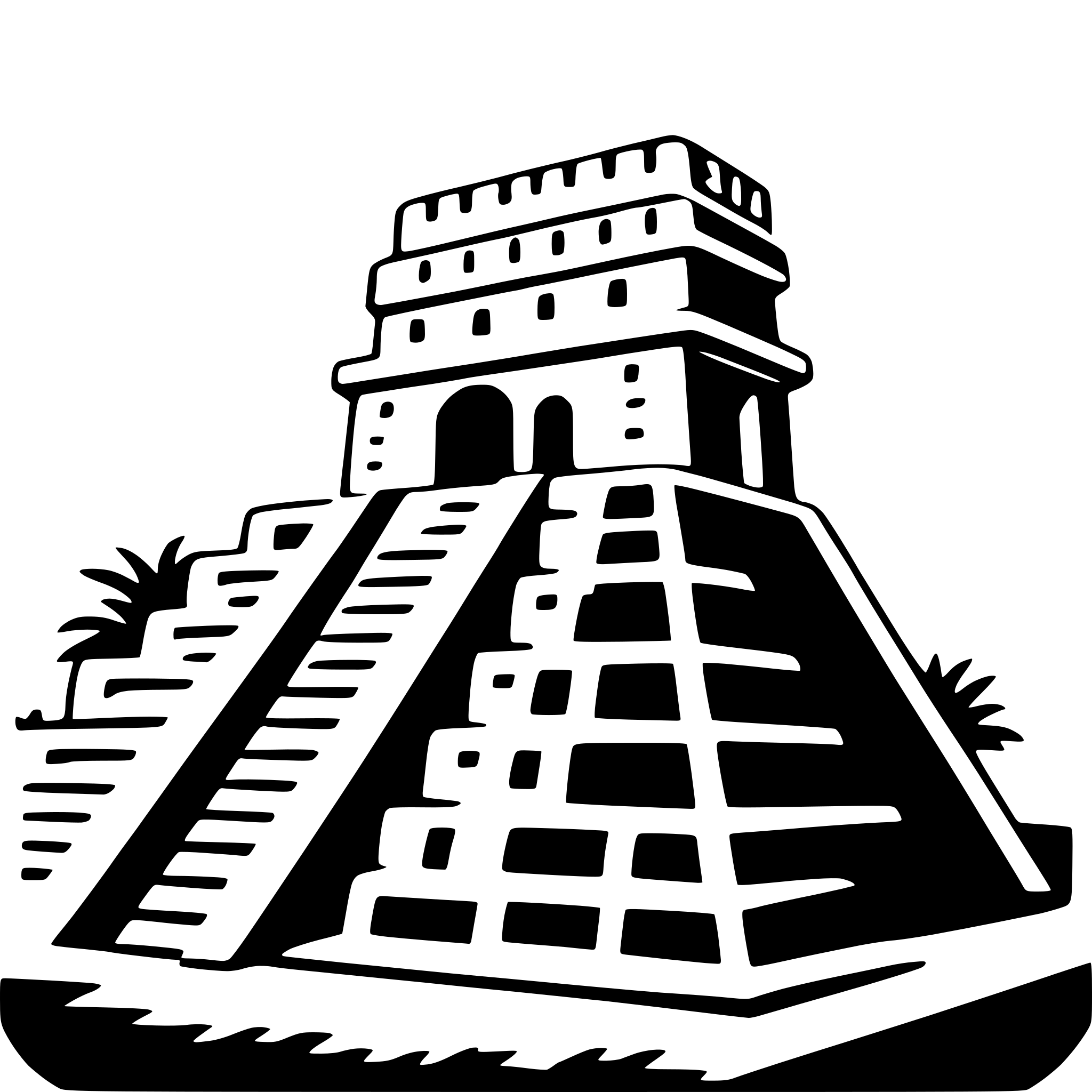 The SVG depicts a stylized representation of the Pyramid of the Sun at the ancient Mesoamerican site of Teotihuacan. The pyramid is shown with a series of steps leading up to a flat top, and there are smaller structures or platforms around the base. The design is simplified, with clean lines and minimal detail, emphasizing the geometric shapes and the overall form of the pyramid. The SVG is a vector graphic, which means it can be scaled up or down without losing quality. 
