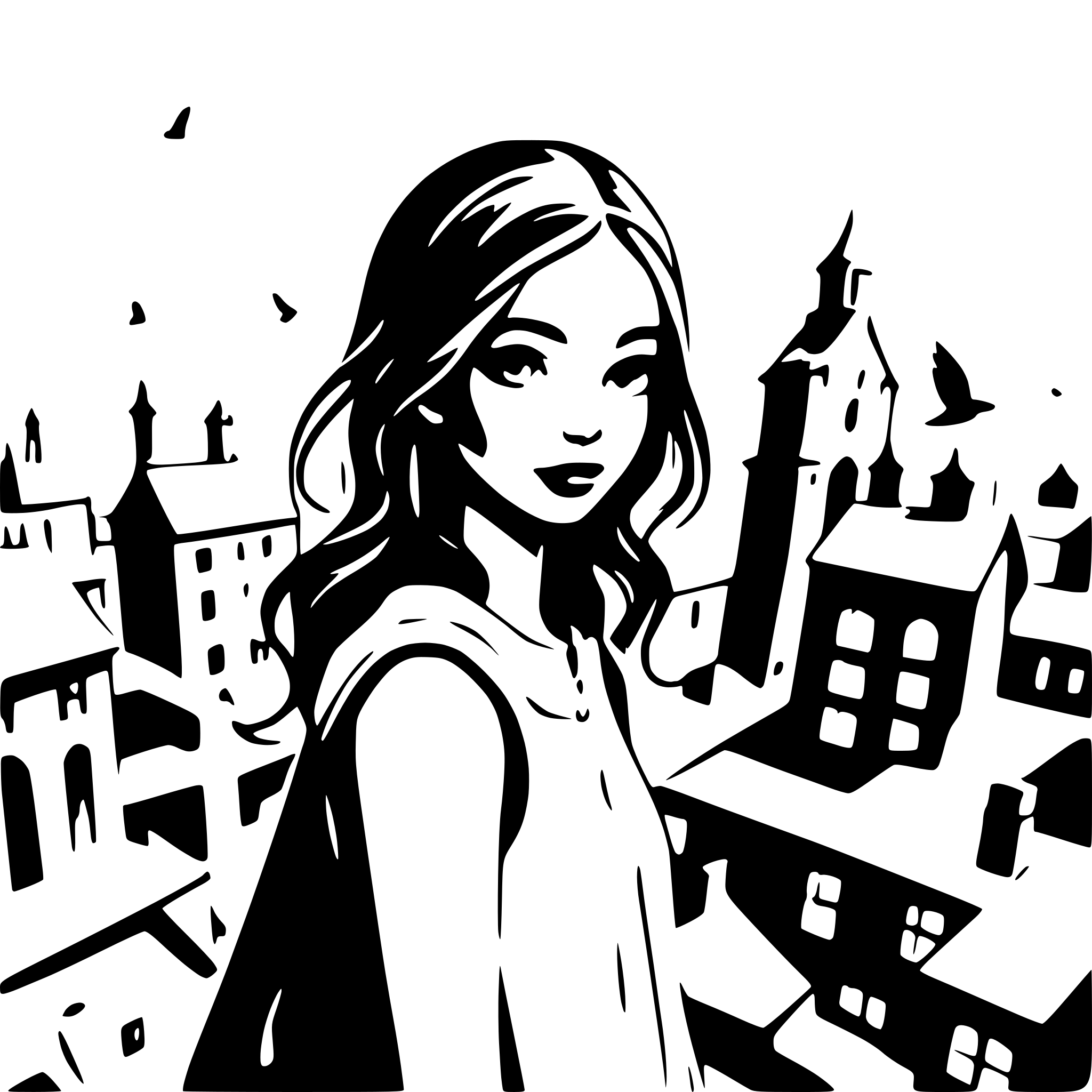 AI-generated SVG of a a creepy girl high amongst the city rooftops surrounded by birds and steeples and buildings  above her