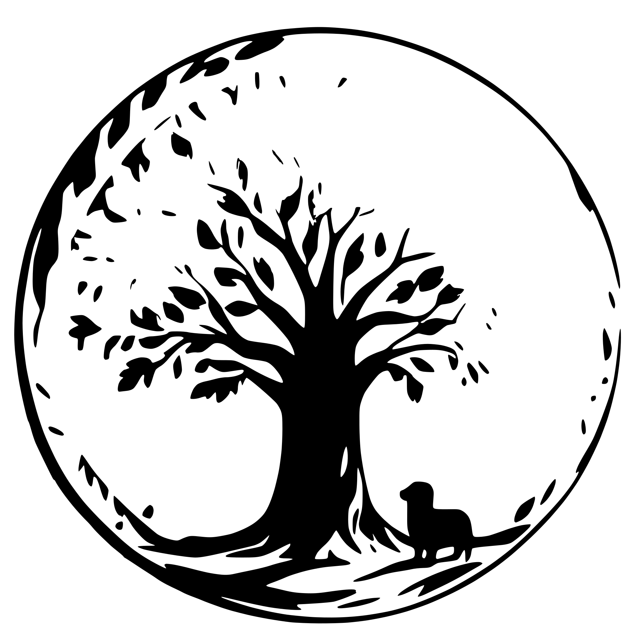 AI-generated SVG of a very large oak tree with a golden retriever sitting under it in a circle