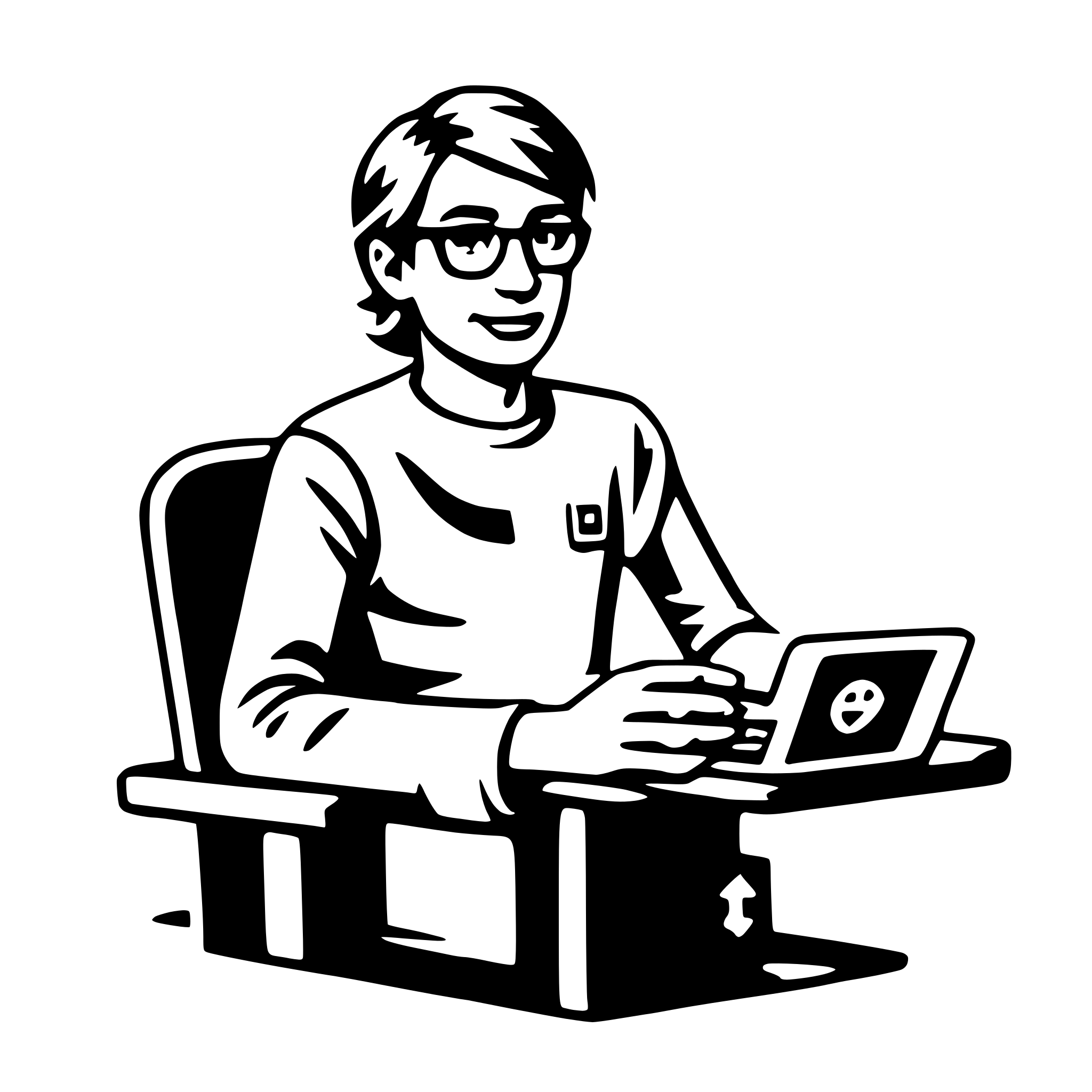 The SVG depicts a stylized, cartoon-like illustration of a person sitting on a chair. The person is wearing glasses and a long-sleeved shirt, and is holding a tablet or laptop in their hands. The chair has a simple design with a backrest and armrests. The person appears to be engaged with the device, possibly working or browsing. The style is minimalistic and uses solid colors and simple shapes to convey the scene. 