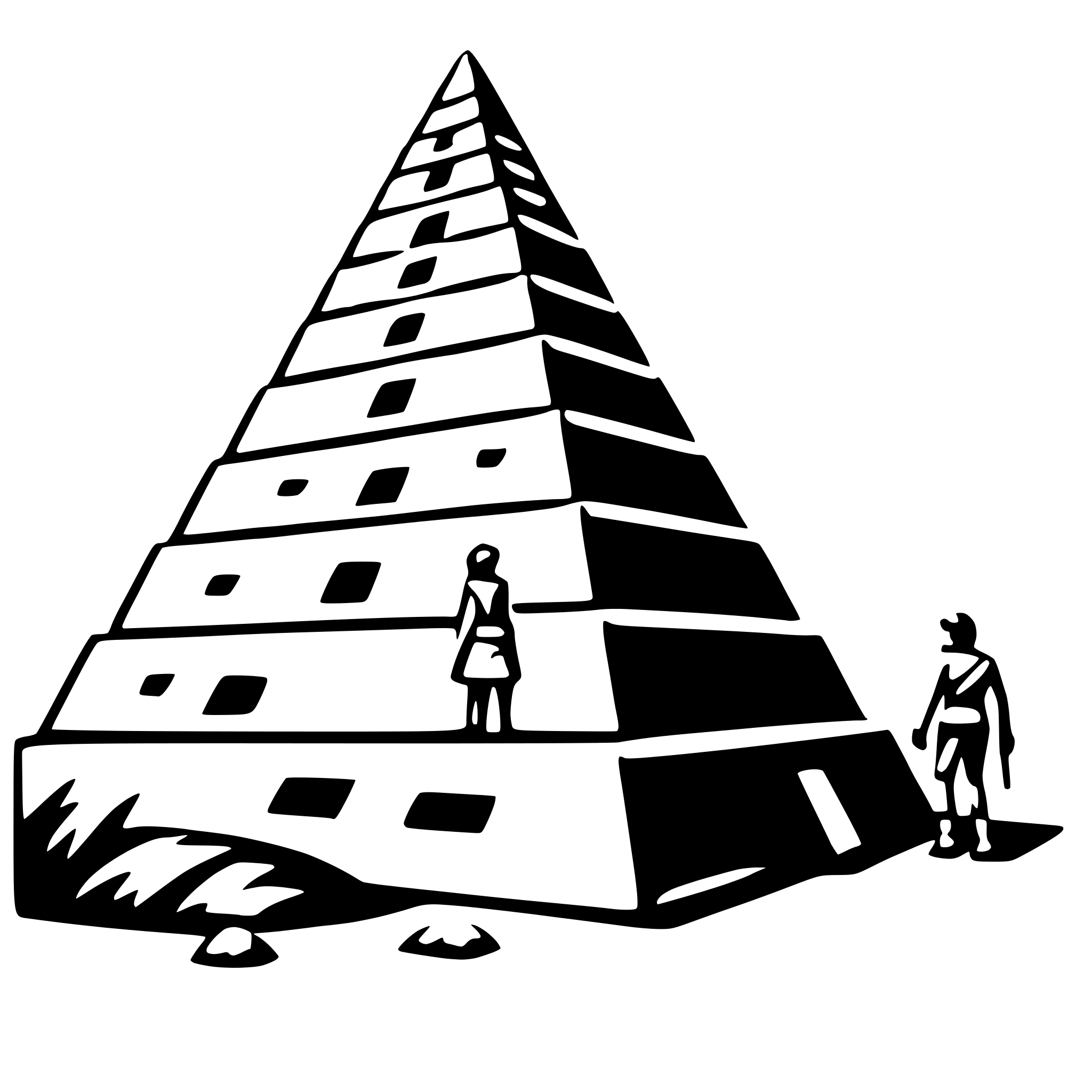 The SVG depicts a pyramid with a person standing at the top and another person standing at the base. The pyramid has a series of horizontal steps leading up to the top, and there are small rocks or boulders at the base. The person at the top appears to be looking down at the person at the base. The style of the SVG is minimalistic and uses solid black lines against a white background. 