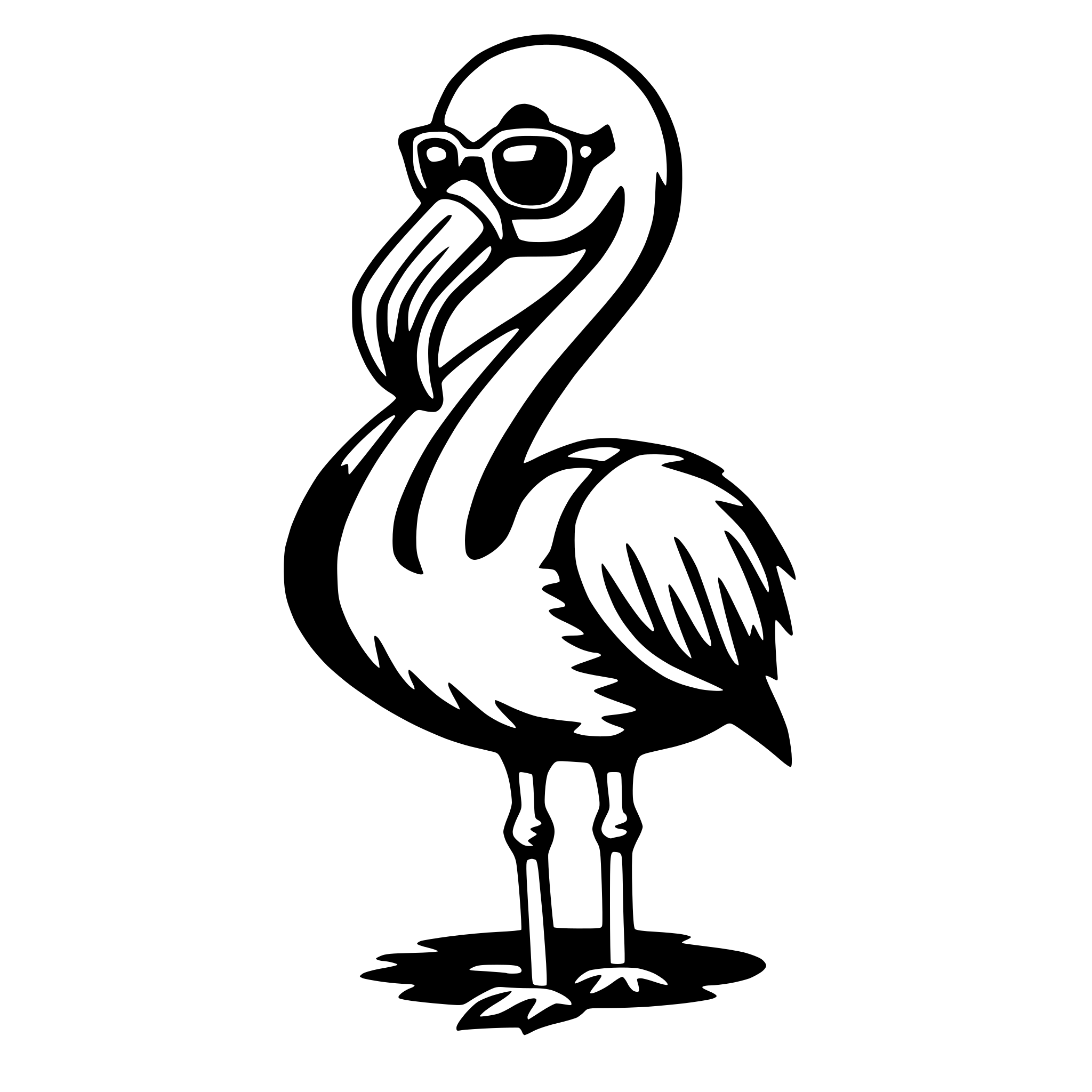 The SVG depicts a stylized black and white illustration of a flamingo. The flamingo is standing upright with its long neck curved upwards, and its head is turned to the side, giving the impression of looking to the left. It is wearing a pair of sunglasses, which adds a whimsical or anthropomorphic touch to the design. The flamingo's legs are straight and thin, and its tail feathers are ruffled, suggesting movement. The background is plain and does not interact with the flamingo, allowing the viewer to focus solely on the bird. 