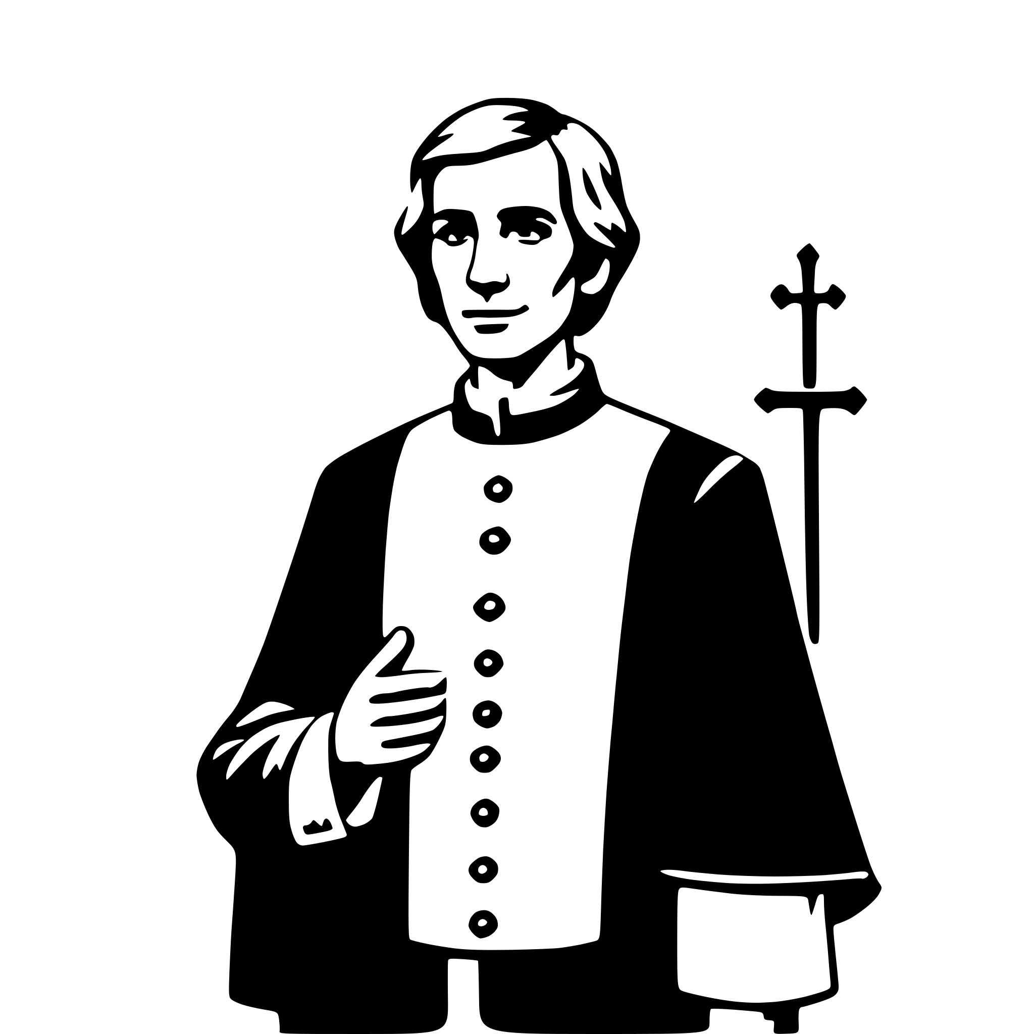 The SVG depicts a stylized, black and white illustration of a person. The individual is shown from the chest up, wearing a robe with a high collar and a row of buttons down the front. The person has short hair and is holding their right hand slightly away from their body, with the palm facing outward. To the right of the person, there is a cross with a vertical bar and a horizontal bar, suggesting a religious or clerical context. The style of the illustration is simple and graphic, with solid lines and minimal shading, which is typical for vector graphics. 