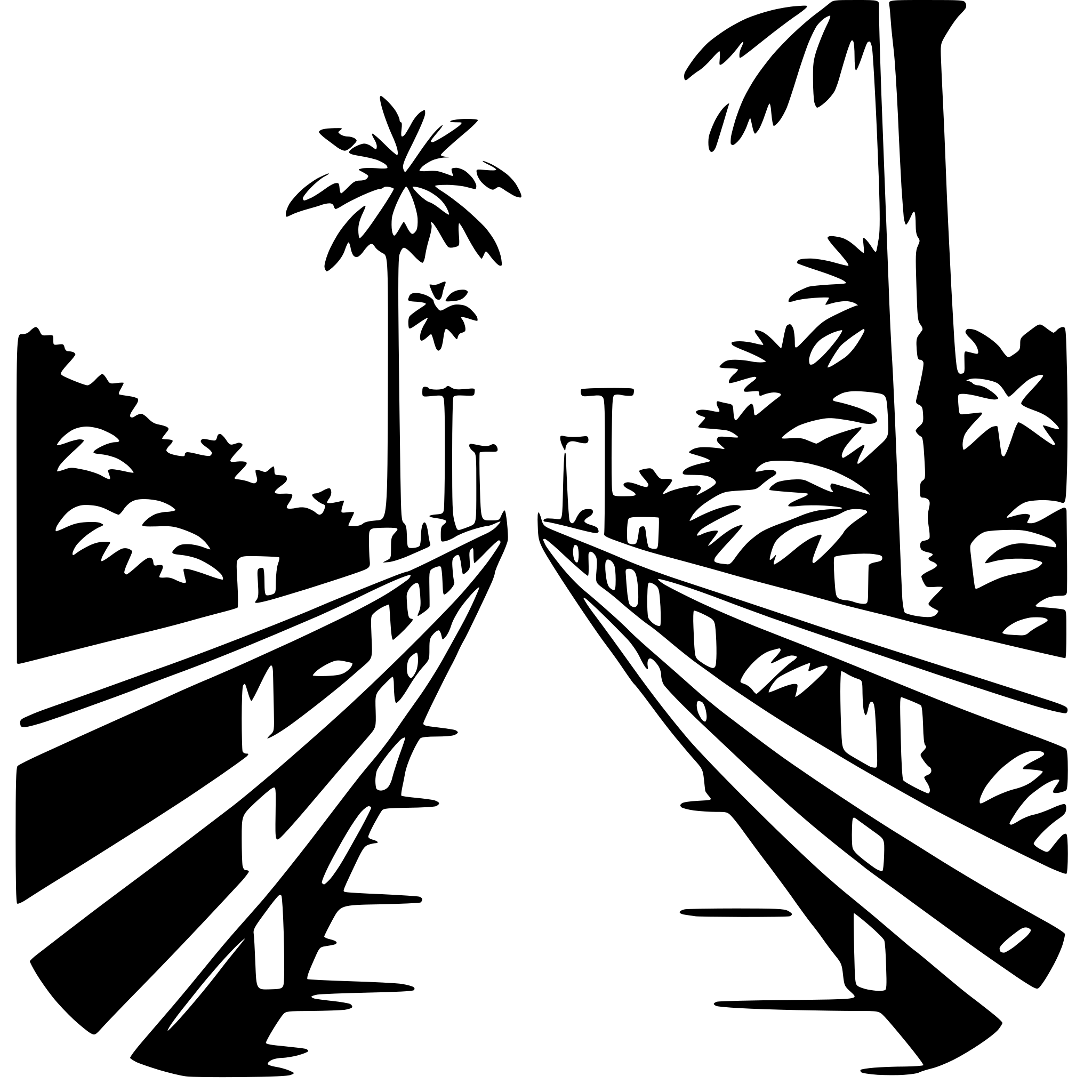 The SVG depicts a long, straight wooden bridge or boardwalk that extends into the distance, flanked by a dense forest of palm trees on both sides. The bridge is bordered by a simple wooden railing on the right side, and the trees are depicted with a minimalist style, using only outlines without any shading or detailing. The perspective of the SVG is from a low angle, looking up the length of the bridge towards the horizon, which is not visible in the SVG. The overall style is graphic and stylized, with a clear and simple design. 