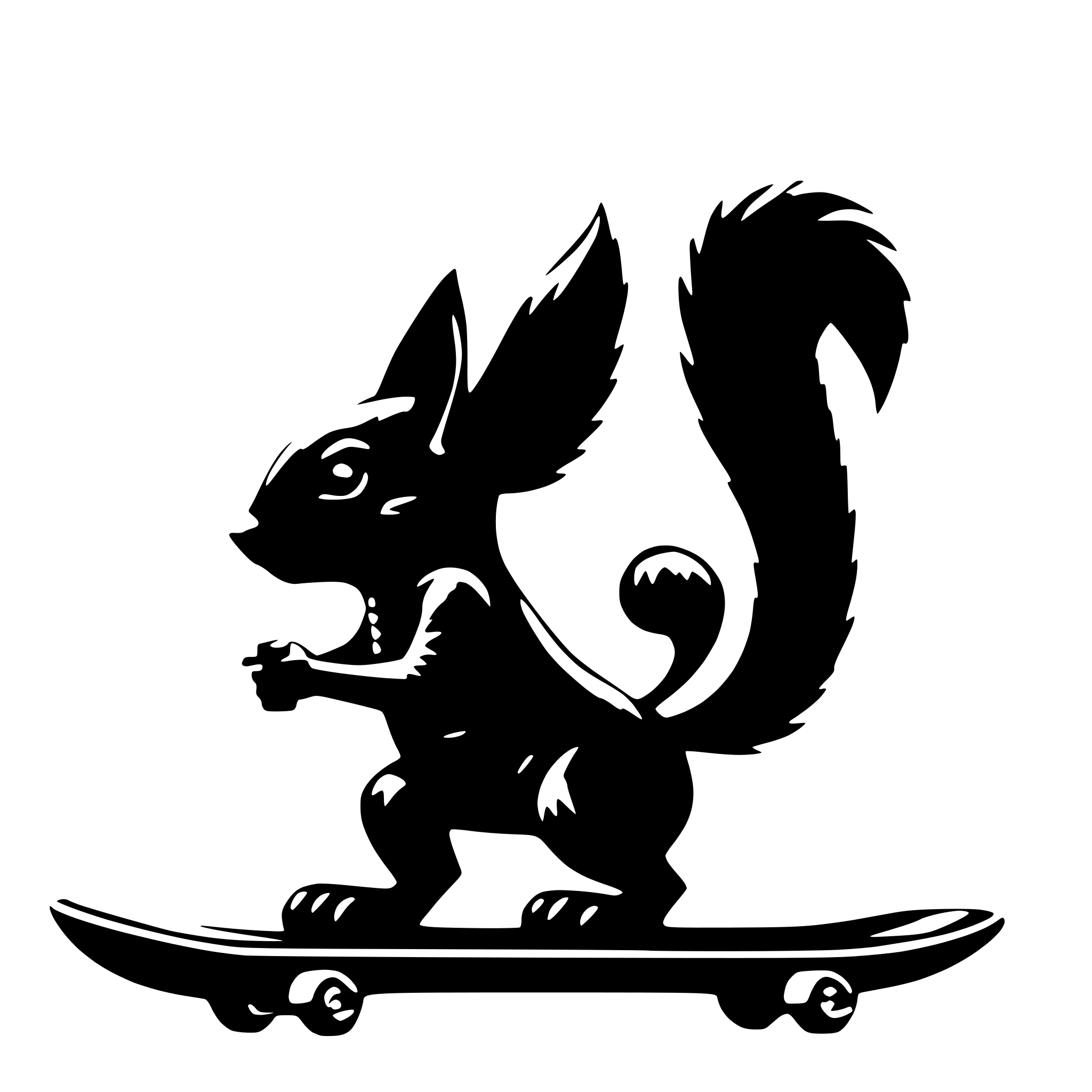 AI-generated SVG of 'A 2D side-view of a bold, solid black squirrel on a skateboard. The squirrel has a strong silhouette, holding a small gun. Designed for a game, with a striking, shadow-like appearance'