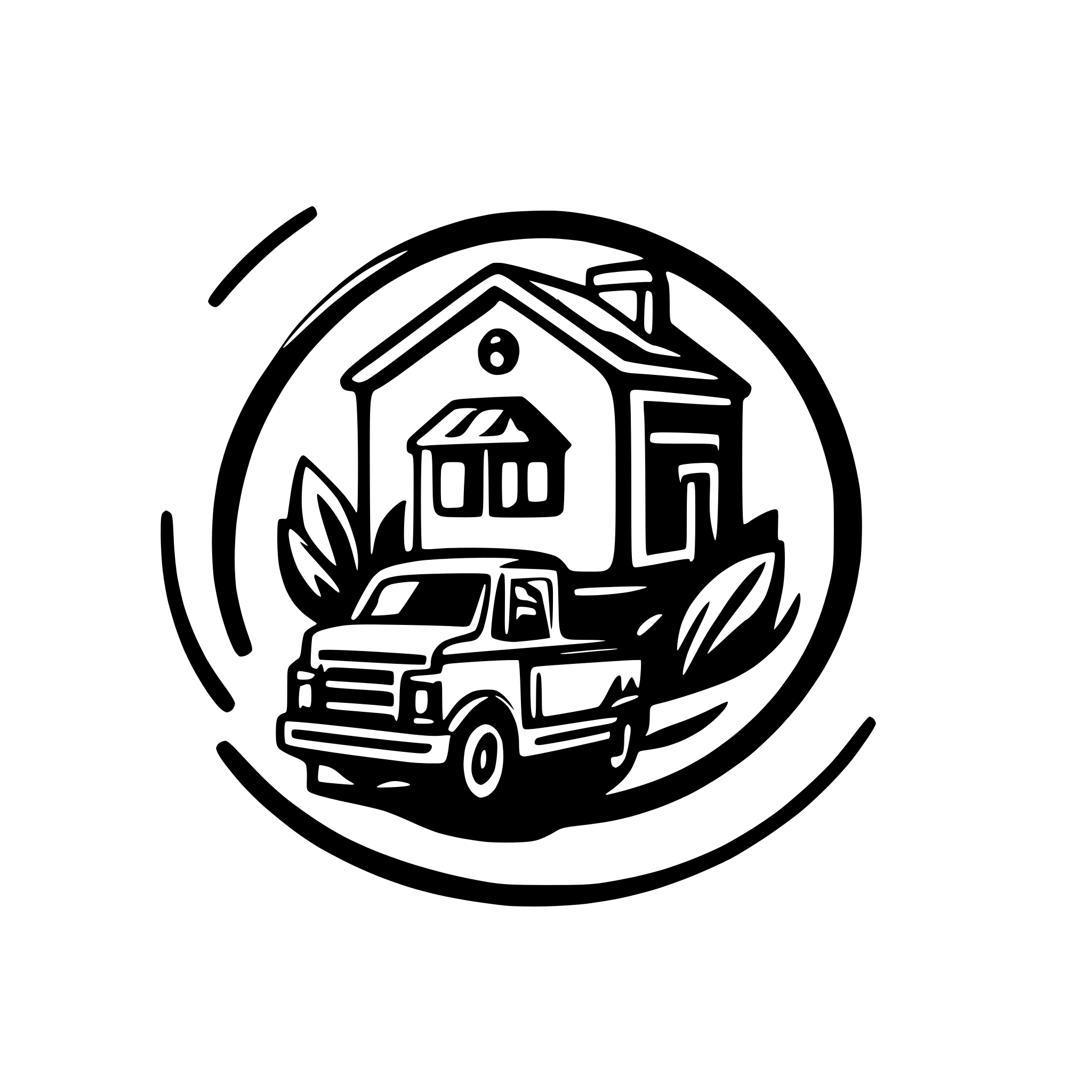 AI-generated SVG of 'Moving truck with house in background. Inside of a circle for a moving company logo.'
