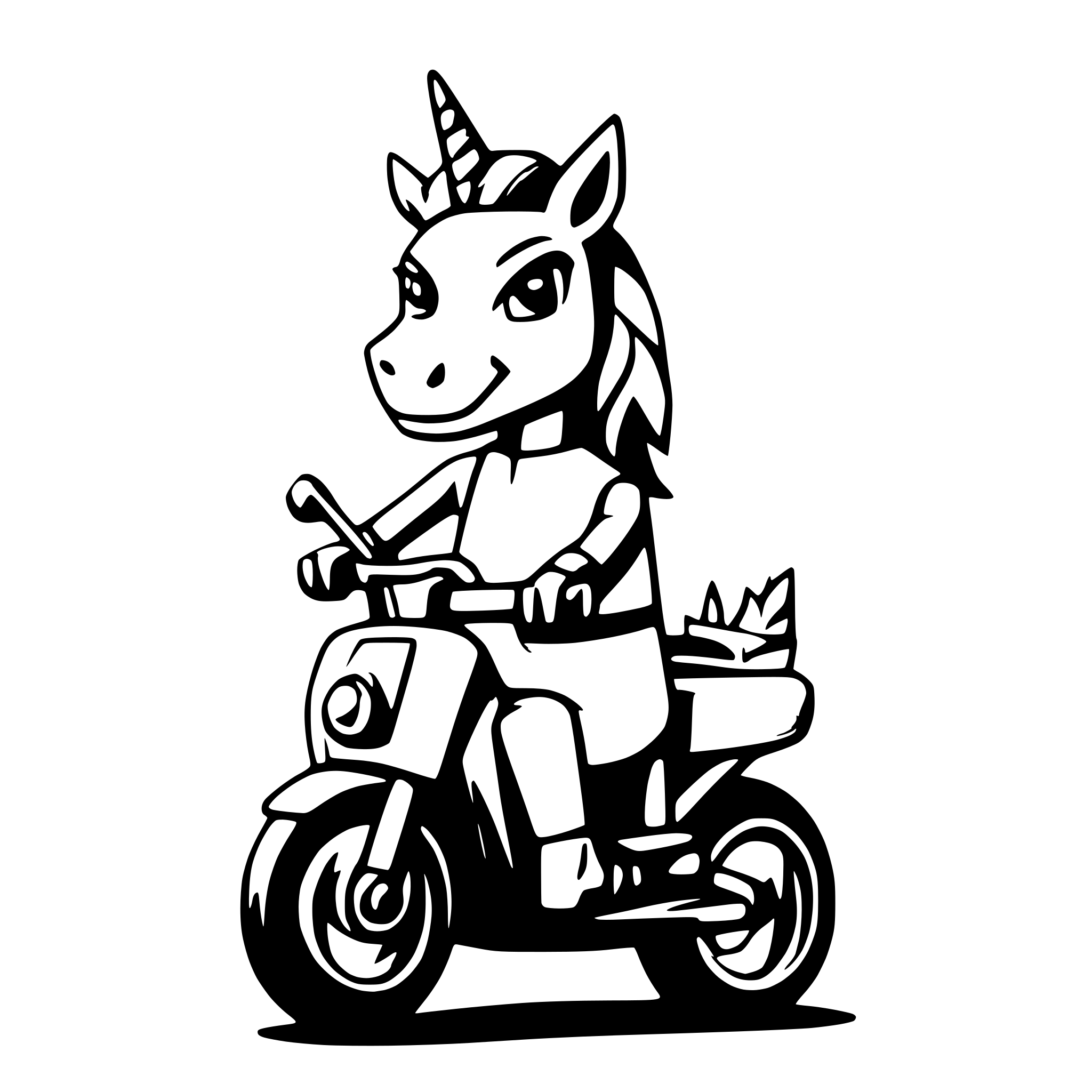 AI-generated SVG of a Unicorn on a motorbike, cartoon style, frontal