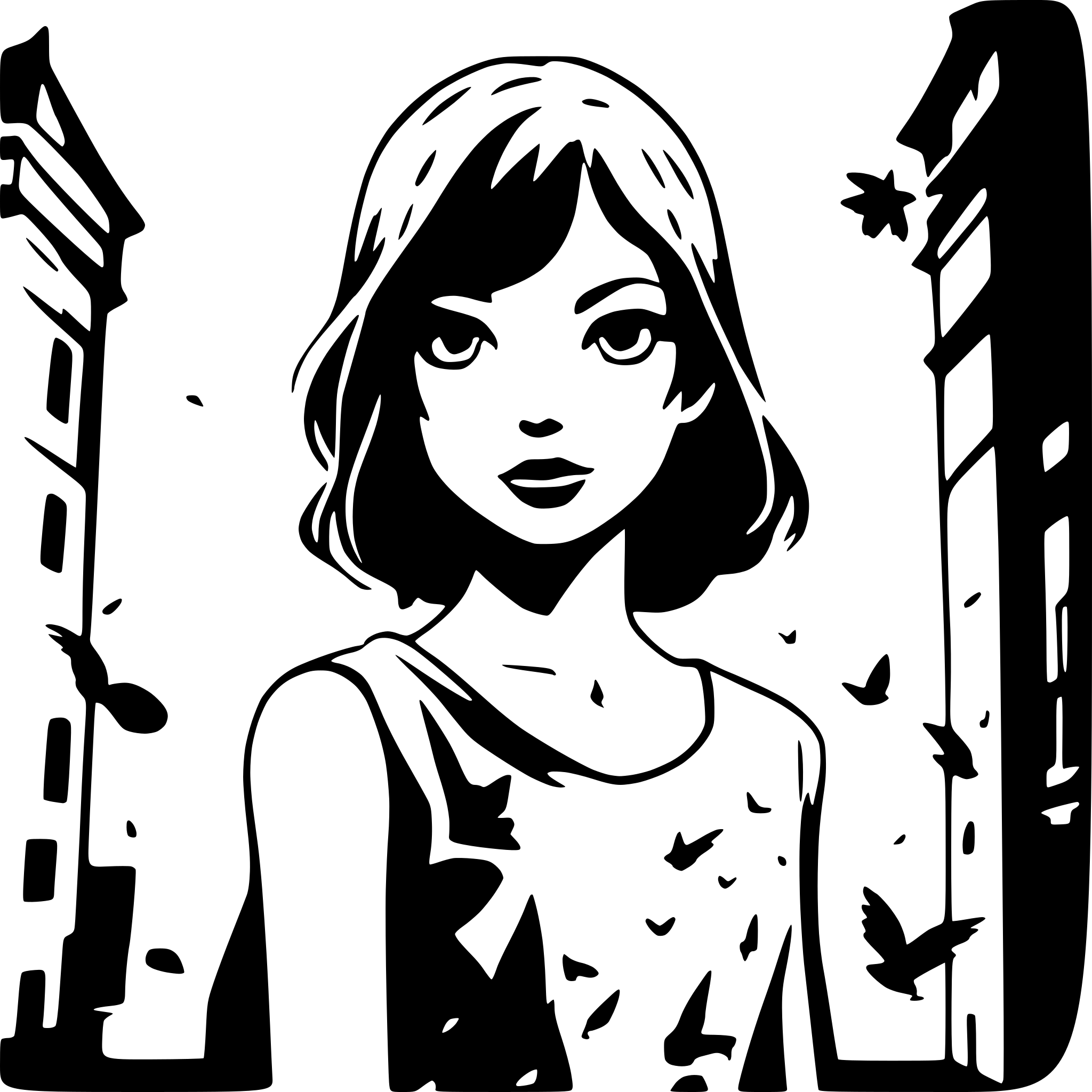 AI-generated SVG of a creepy girl surrounded by birds in a laneway with the steeples of a dark and ruined city looming over