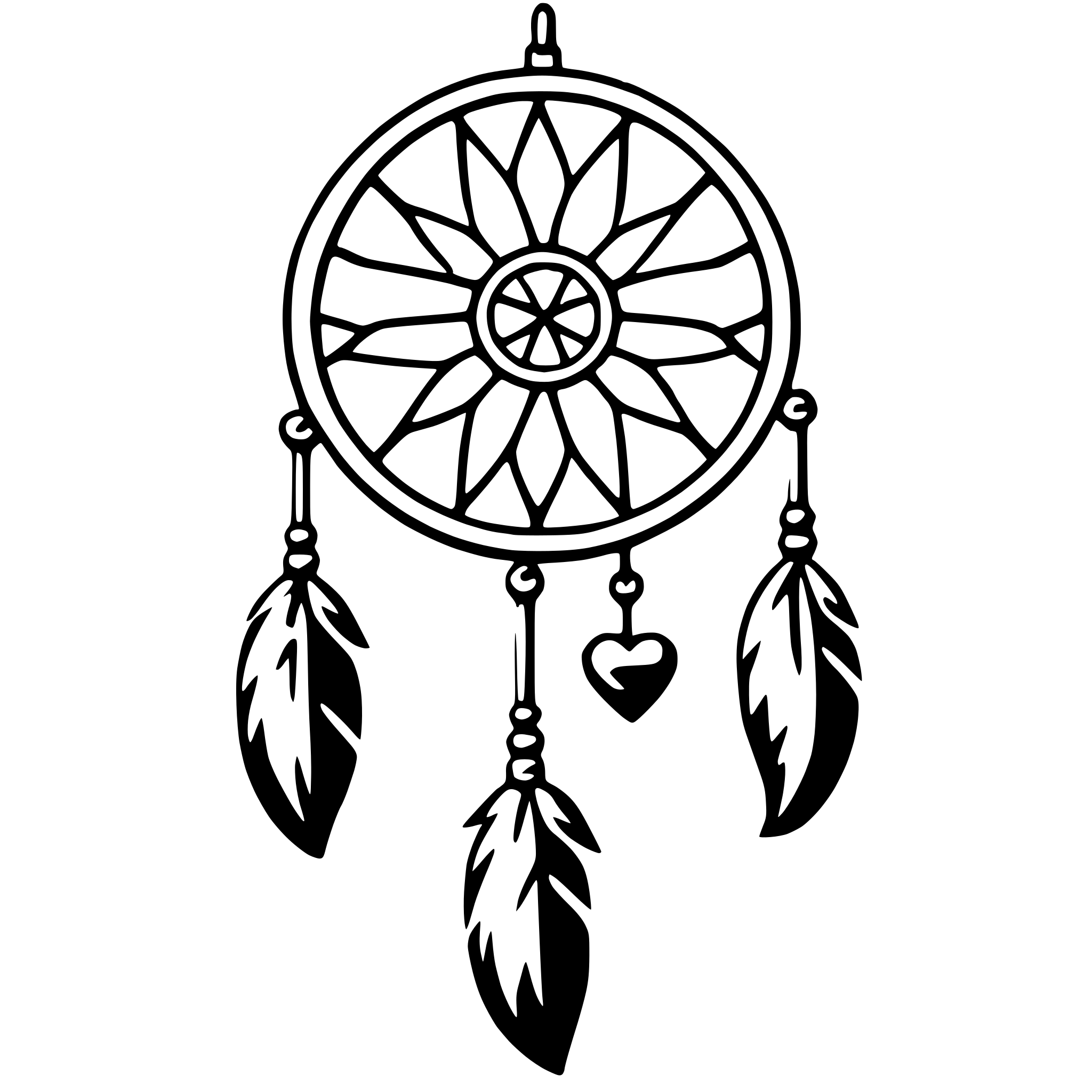 The SVG depicts a traditional dreamcatcher. It consists of a circular hoop with a web-like pattern at the center, which is a common design feature of dreamcatchers. Hanging from the hoop are two feathers, one on each side, and a heart-shaped charm. The dreamcatcher is designed in a simple, stylized manner with clean lines and no shading or coloring, which is typical for vector graphics. The feathers and heart charm are also stylized with a minimalistic design. The dreamcatcher is not shown in action, but it is a symbol often used to represent protection, hope, and dreams. 