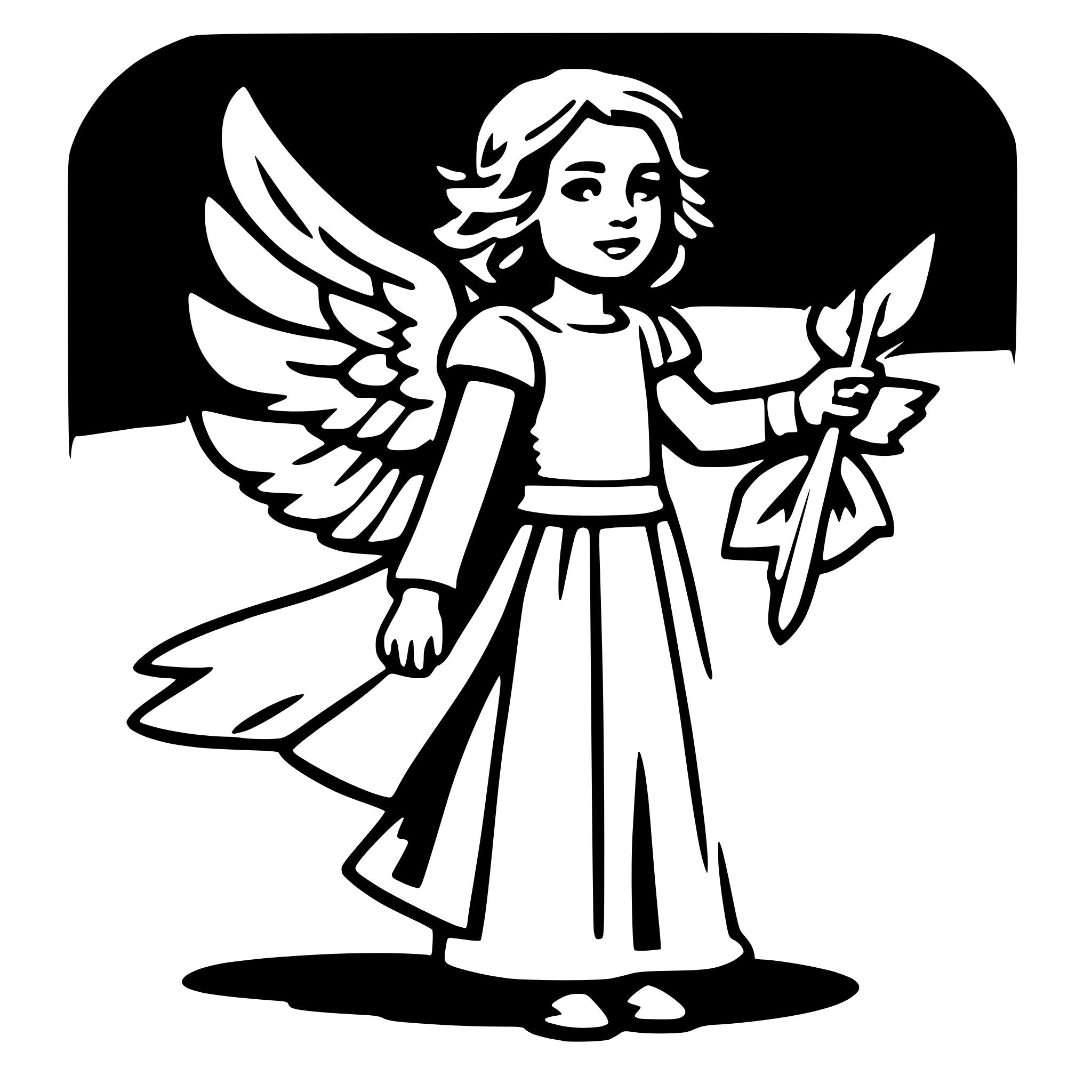 The SVG depicts a stylized black and white line drawing of a young girl with wings, suggesting she is an angel. She is holding a banner or flag with a design that is not fully visible. The girl is standing with her wings spread out behind her, and she appears to be looking towards the viewer with a slight smile. The background is a simple, solid color, providing a stark contrast to the white lines of the drawing. The SVG is a flat graphic with no shading or depth, emphasizing the lines and shapes of the character and her surroundings. 