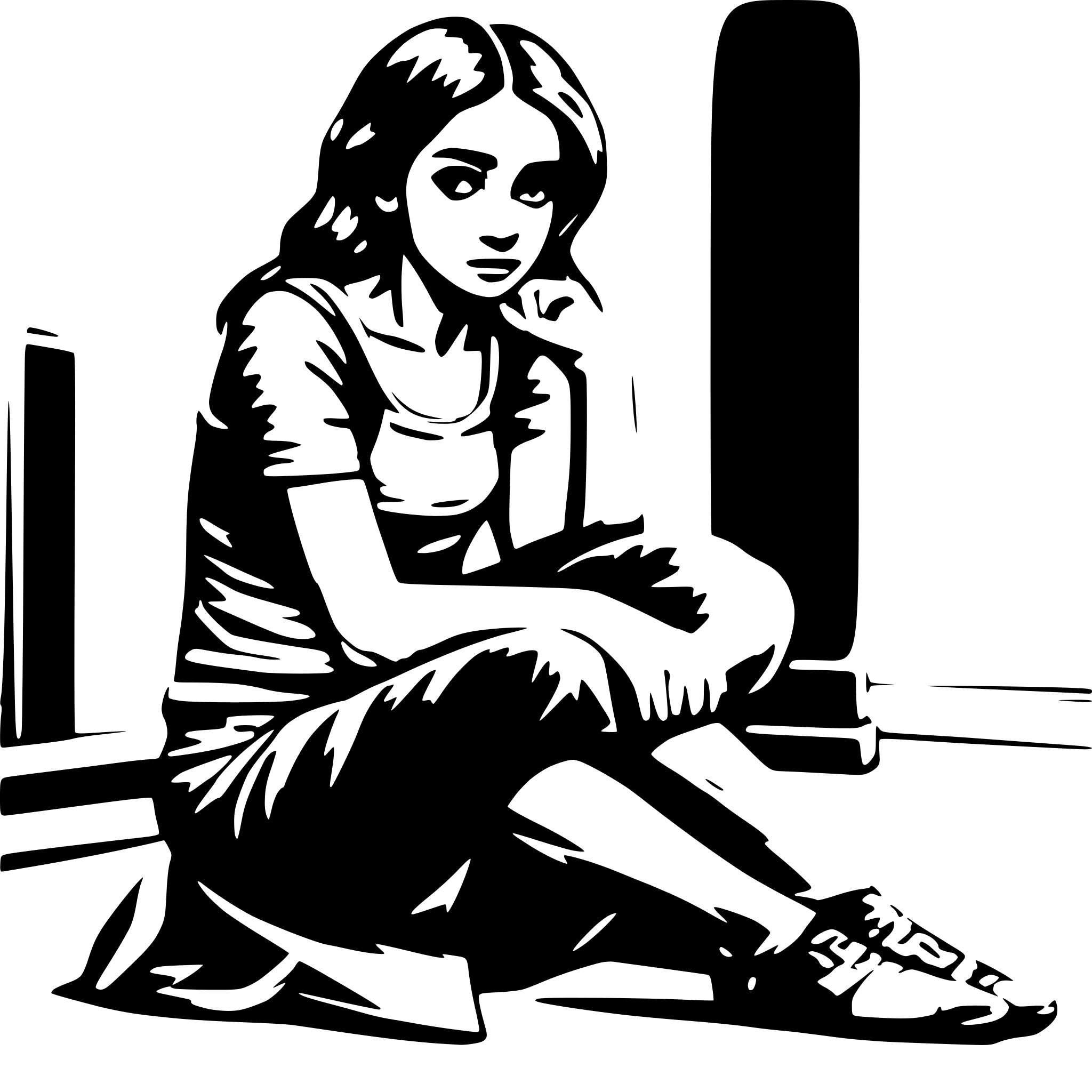 AI-generated SVG of a A stressed and very worried girl kneeling on the floor hugging her knees