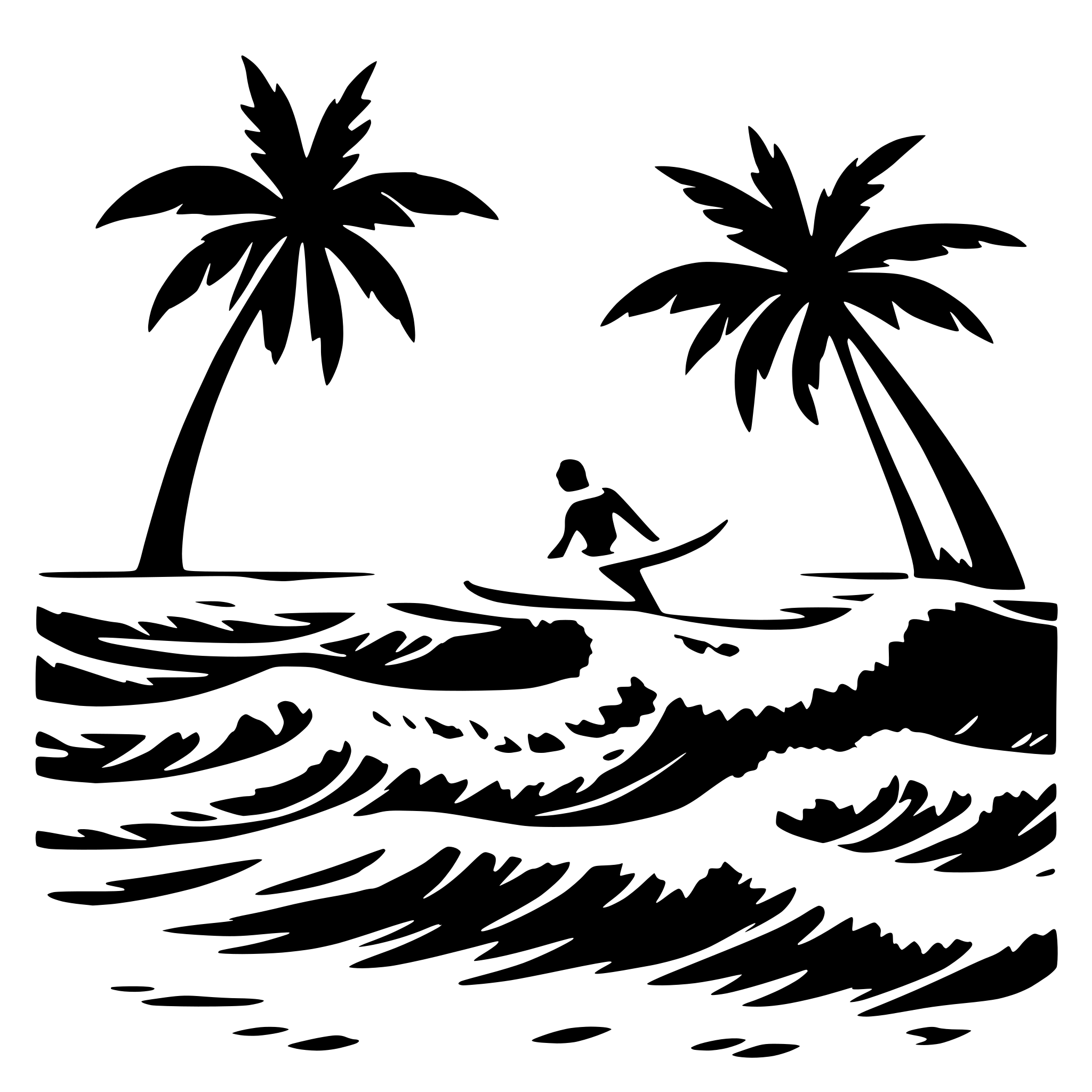 AI-generated SVG of a surfer surfing a big wave with palm trees on the shore