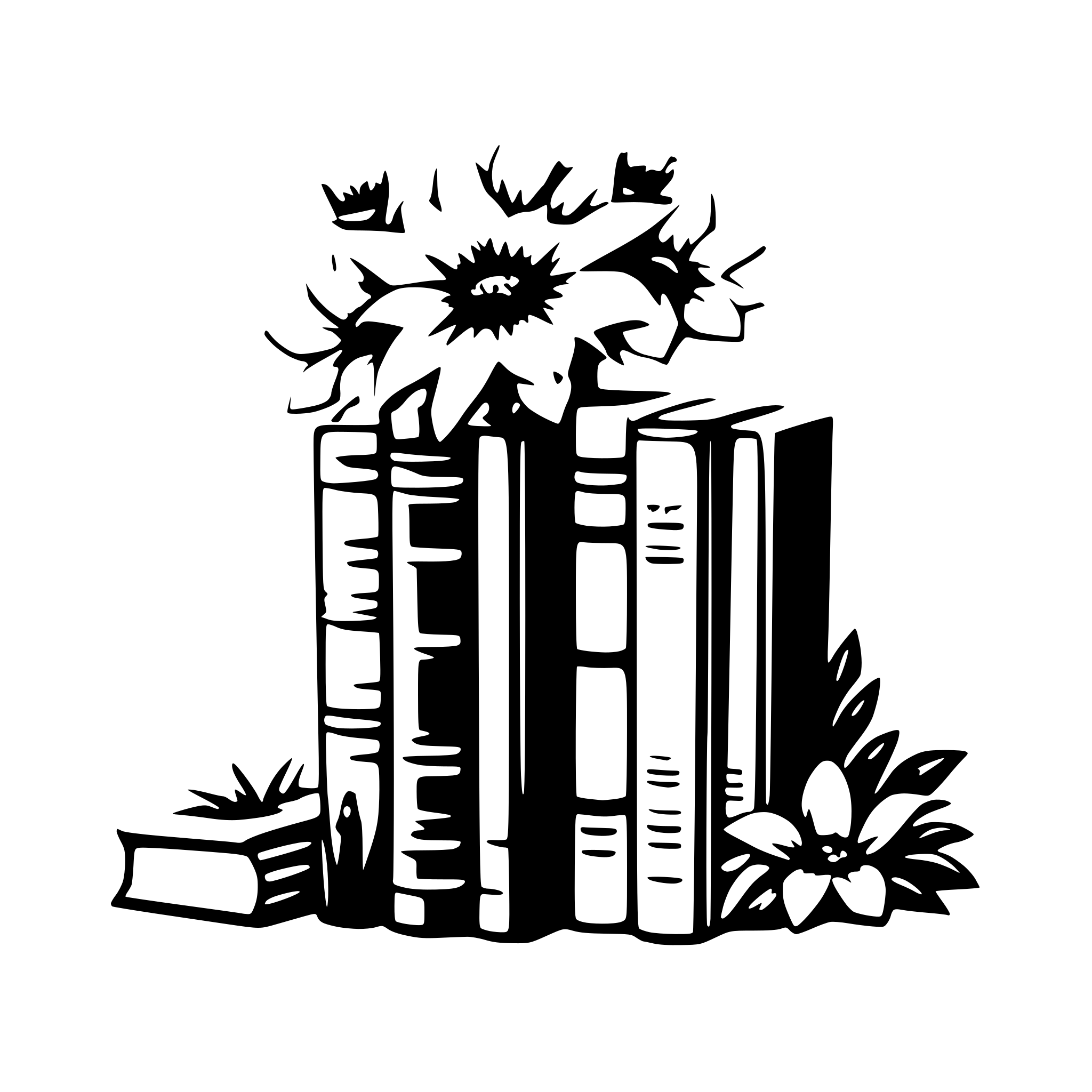 AI-generated SVG of a Eleven books  with visible spines and surrounding flowers
