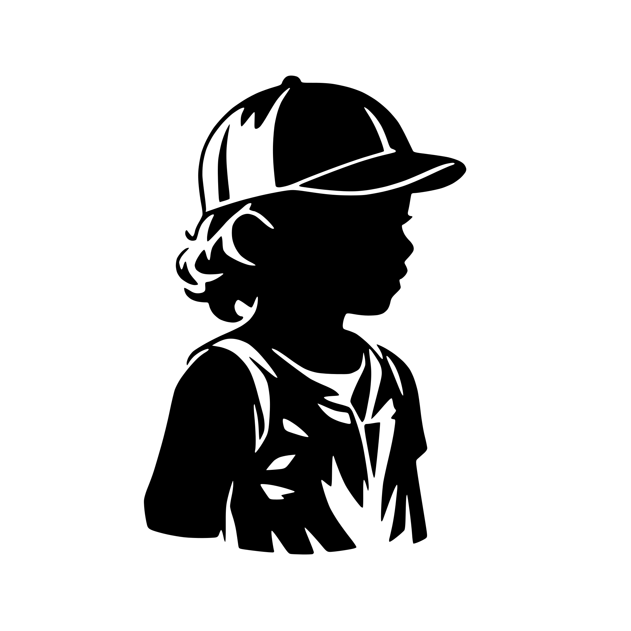 AI-generated SVG of 'child head silhouette outline with sunglasses and baseball cap with sparkles, side view'