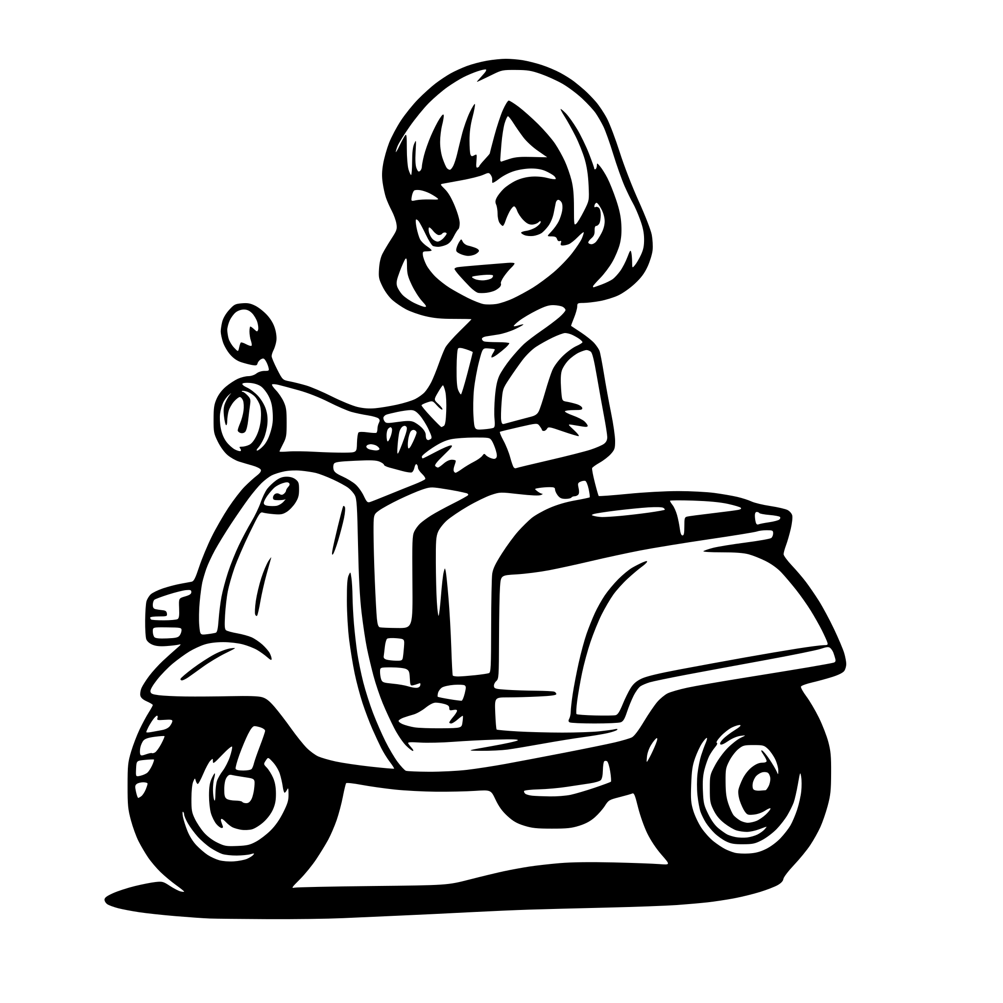 AI-generated SVG of a Short hairs colored black women on a vespa