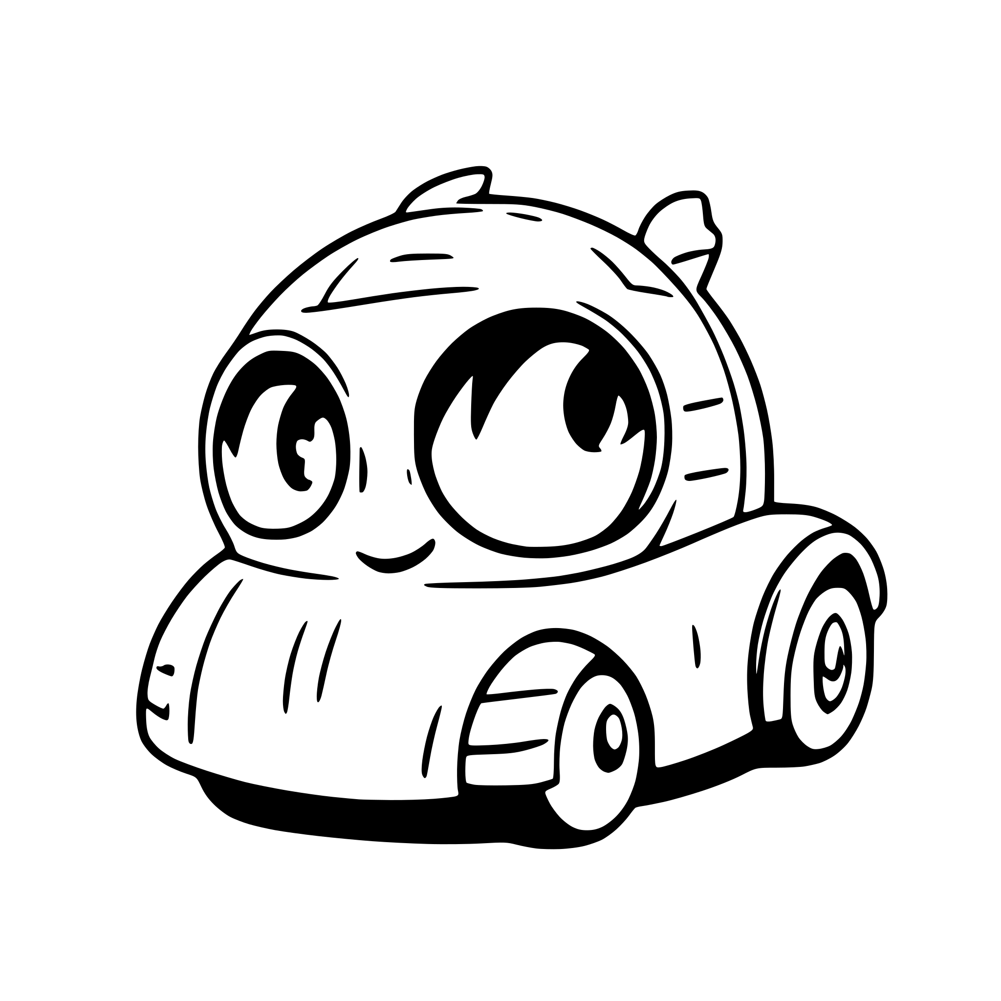 AI-generated SVG of a only black and white. The background is plain white. A cartoonish nerd snail that drives a car. A blank speeachbubble