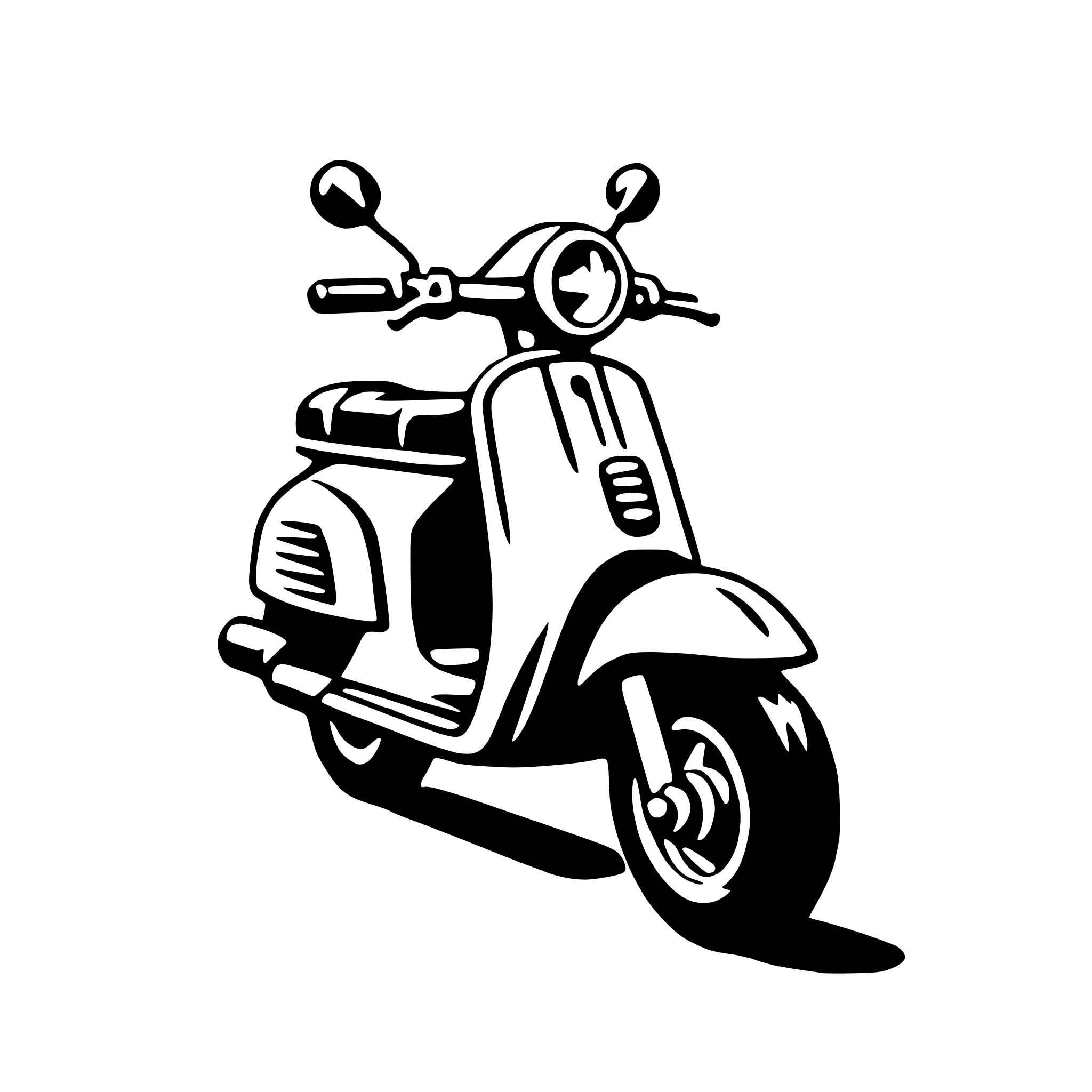The SVG depicts a stylized, black and white illustration of a moped. The moped is shown in profile, with the front wheel visible on the right side of the SVG. It features a small headlight, a round side mirror, and a simple, curved seat. The handlebars are positioned at the top of the SVG, and the moped has a small storage compartment on the back. The wheels have a simple design with a single spoke visible on the front wheel. The moped is cast in shadow, suggesting a light source from the upper left side of the SVG. 