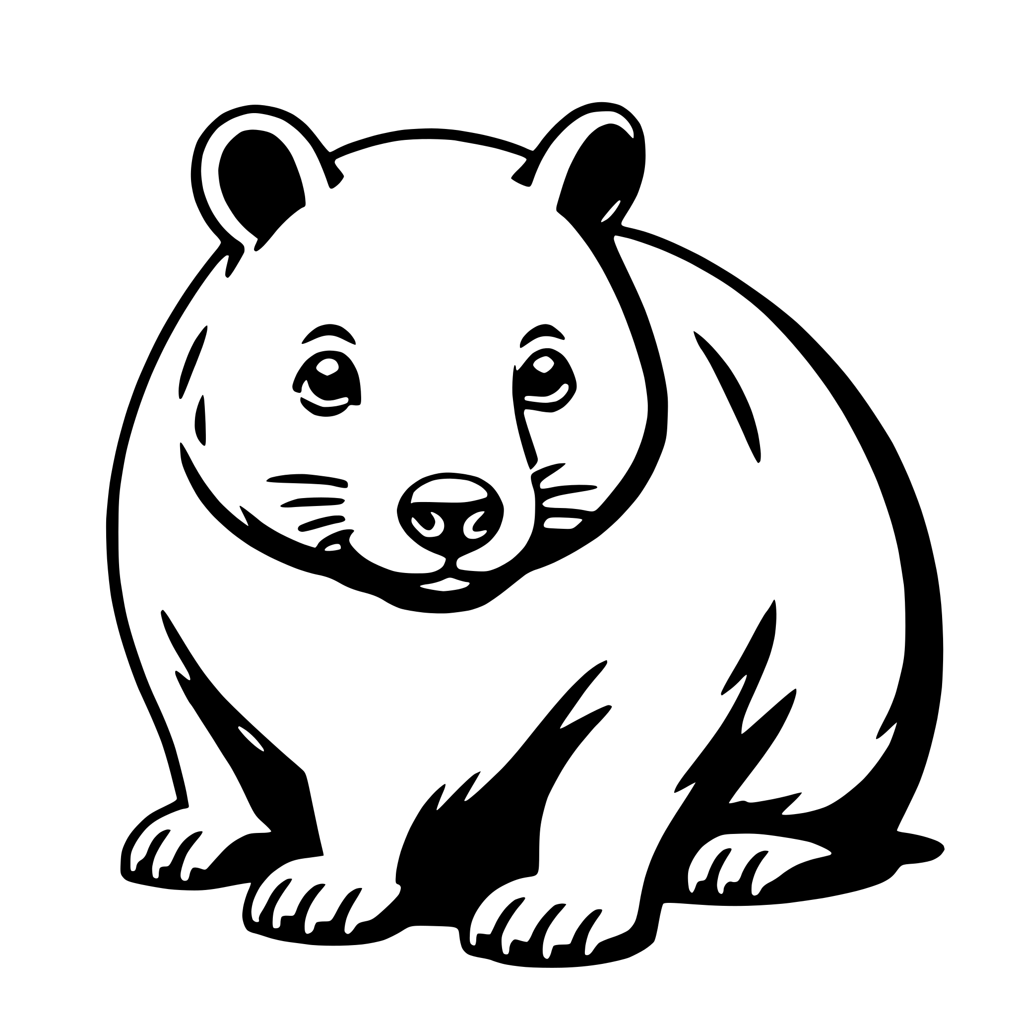 The SVG depicts a stylized, cartoon-like illustration of a bear. The bear is sitting upright with its front paws extended forward, giving it a somewhat anthropomorphic appearance. It has a round head with two small ears, and its eyes are large and round, with a simple, black outline. The bear's nose is small and round, and its mouth is closed. The body of the bear is round, and it has a small tail that is curled up at the end. The bear's fur appears to be a solid color, and there are no visible textures or patterns on its body. The bear is the only object in the SVG, and there is no interaction with other objects as it is a standalone figure. 