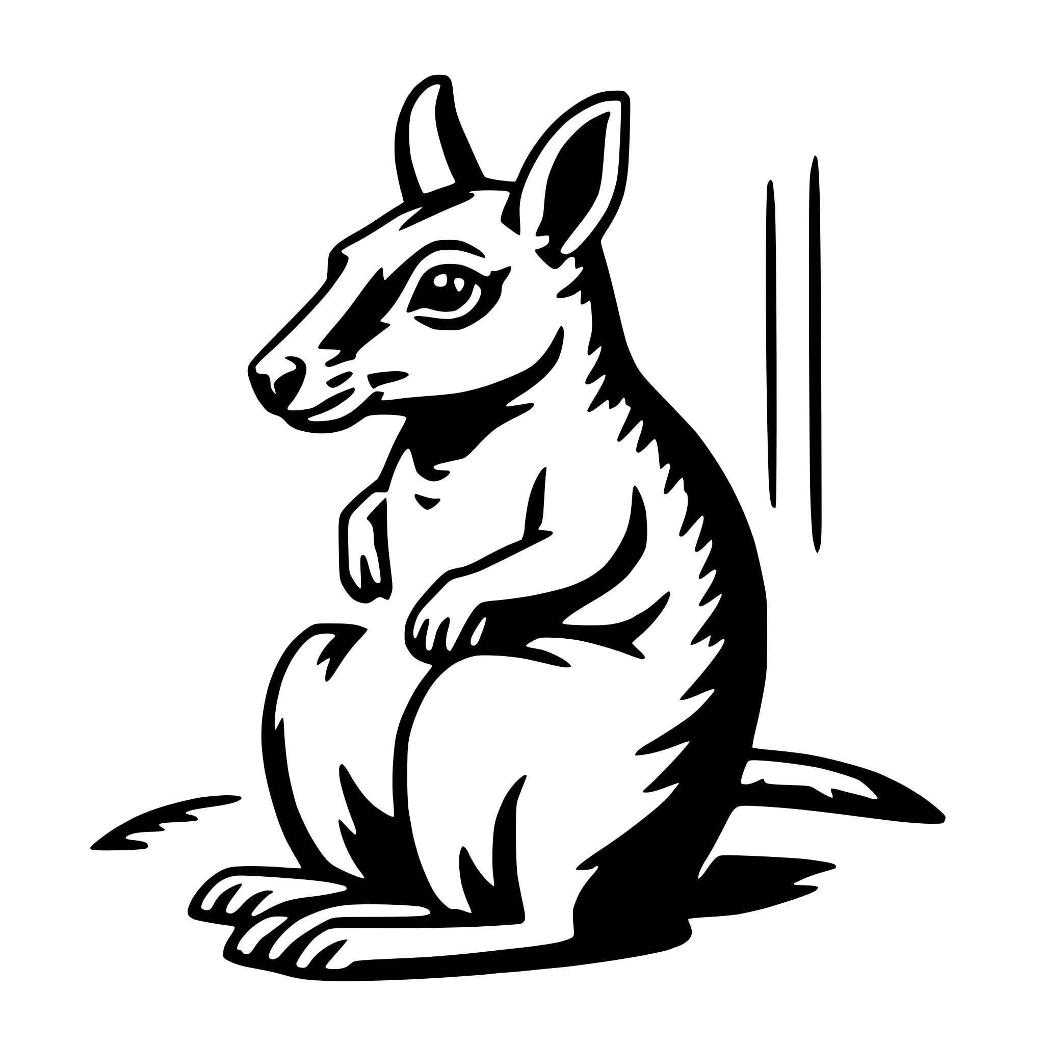 The SVG depicts a stylized, cartoon-like depiction of a kangaroo. The kangaroo is sitting upright on its hind legs, with its front paws resting on its thighs. It has a long, curved tail that extends behind it. The kangaroo's head is turned slightly to the side, and it has large, expressive eyes. The background is plain and does not provide any additional context or details. The kangaroo is the central figure in the SVG, and there are no other objects or interactions depicted. 
