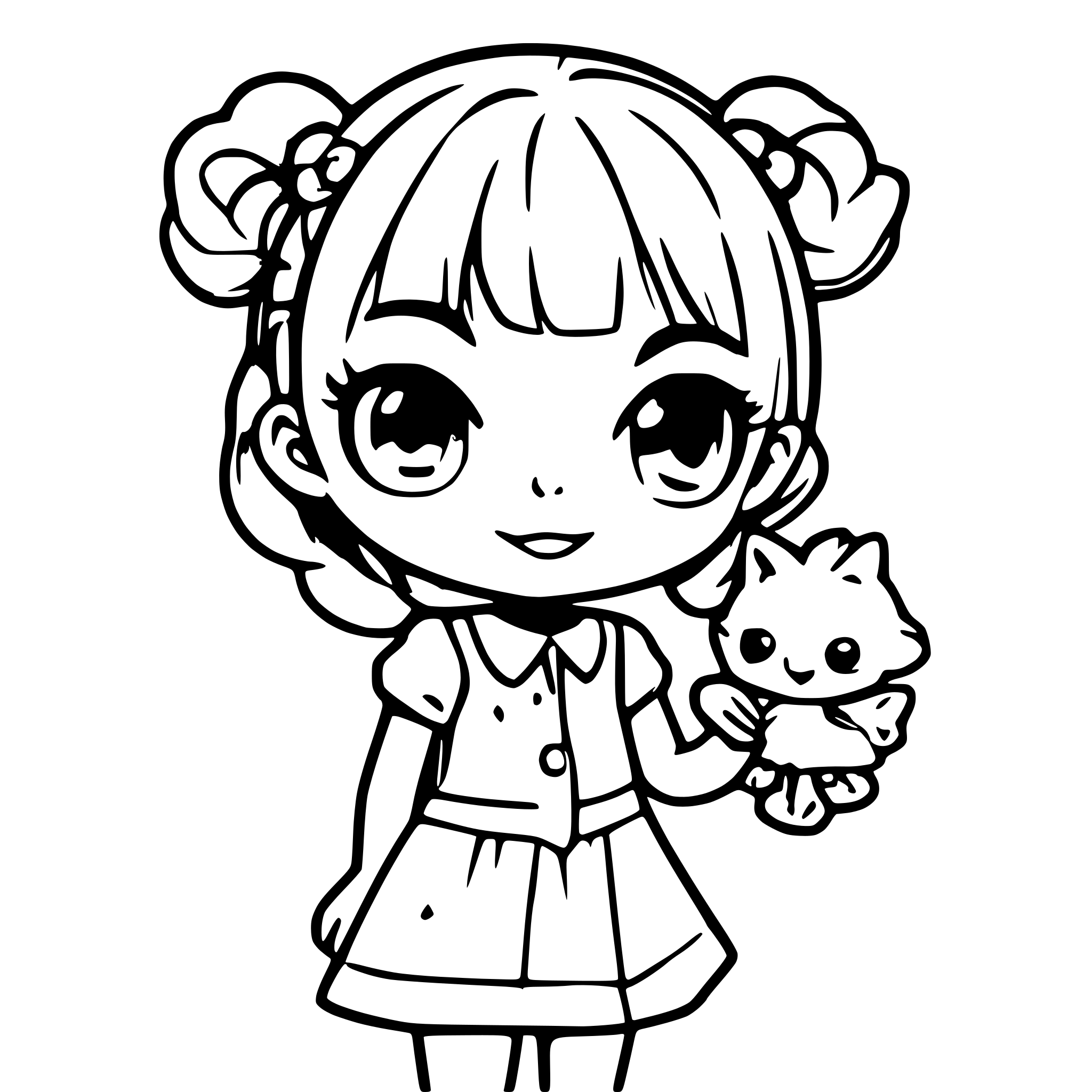 AI-generated SVG of a A cute chibi girl with big sparkling eyes and a cheerful smile, wearing a pastel-colored dress with frilly details. Her hair is a soft pink with lavender streaks, styled in two playful pigtails tied with ribbons. She’s holding a tiny stuffed animal in one hand and a lollipop in the other. The background is a dreamy, soft cloud-filled sky with a few stars twinkling around her. She has a joyful, innocent expression, radiating a sense of happiness and warmth