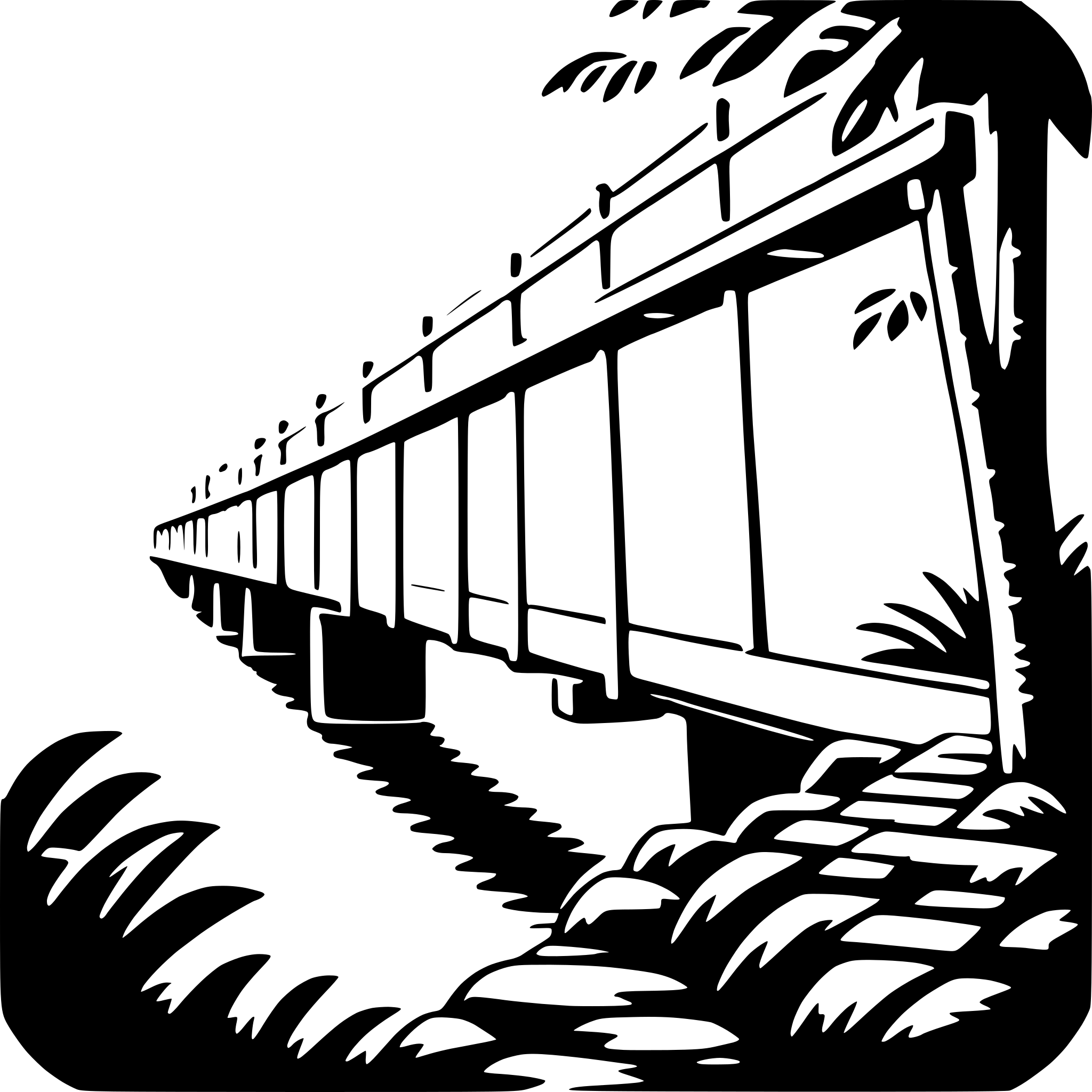 The SVG depicts a black and white illustration of a bridge with a railing. The bridge is arched and spans over a rocky area with vegetation on either side. The perspective of the SVG suggests it is looking up the length of the bridge, with the bridge's supports visible on the left side. The railing of the bridge is depicted with vertical bars and horizontal supports, providing a sense of structure and safety. The background shows a clear sky and the natural environment surrounding the bridge. 