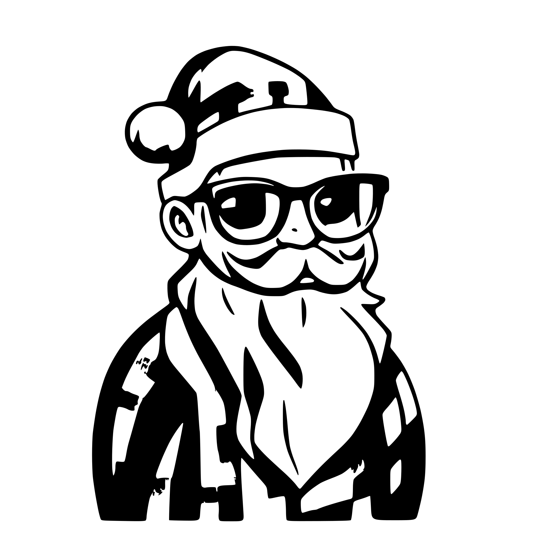 AI-generated SVG of a hipster santa with glasses face, black and white