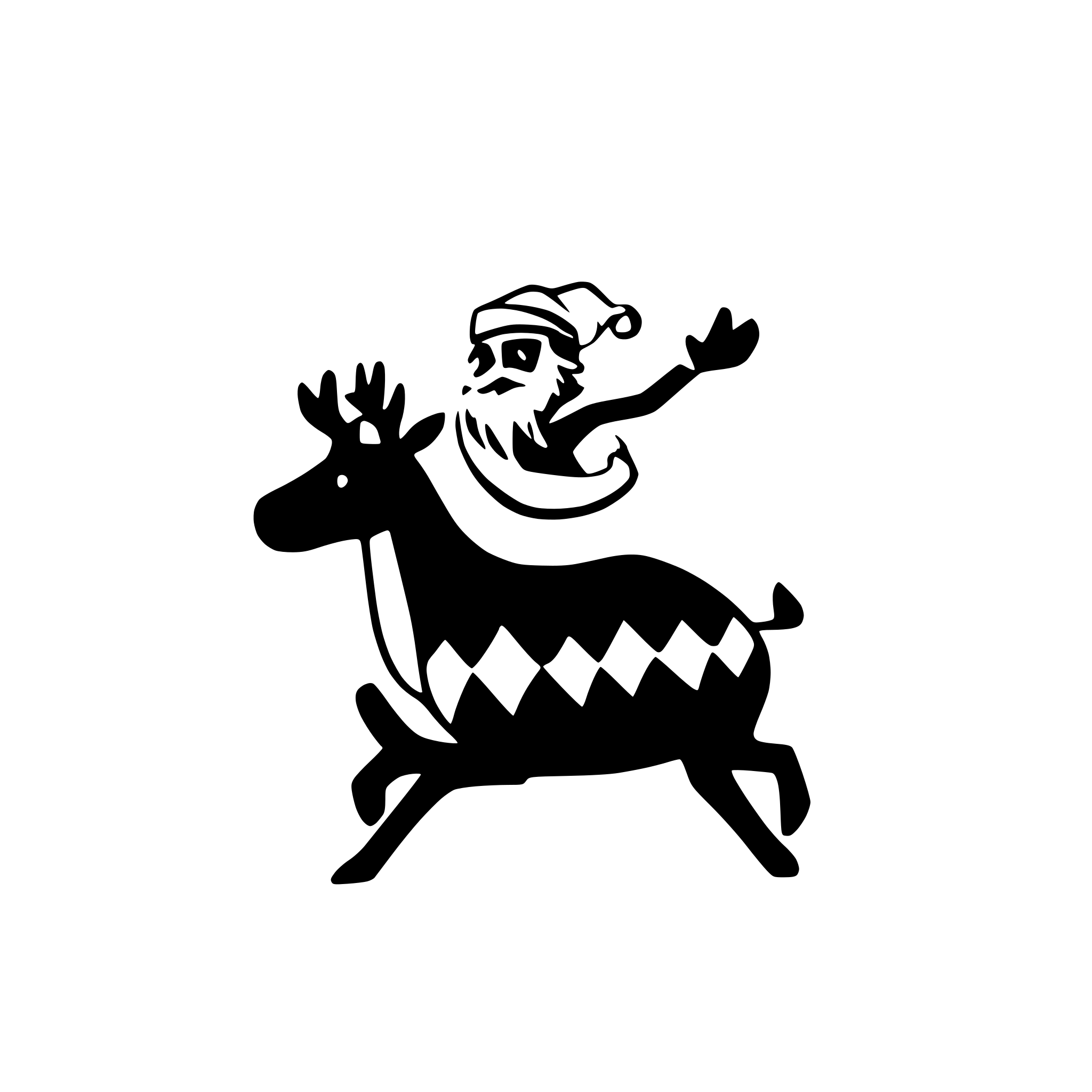AI-generated SVG of a Vector illustration of Santa Claus in his red suit with a sack of gifts, riding a reindeer with a red nose, flying through a snowy night sky with stars and snowflakes