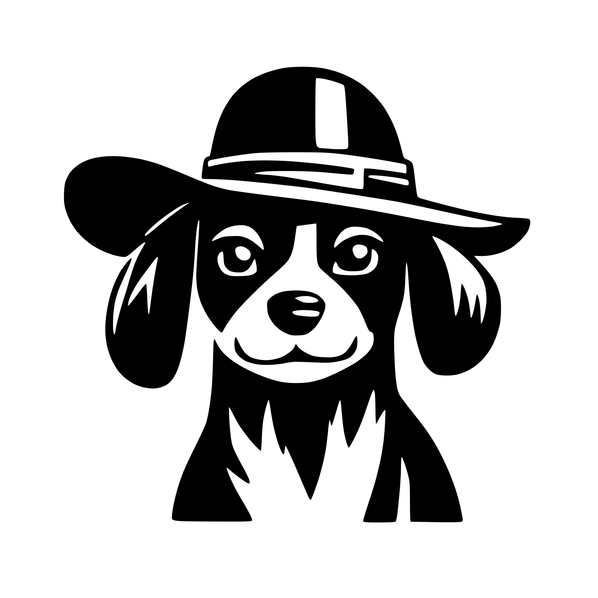 AI-generated SVG of a only the head of a cavalier King Charles spaniel with a sombrero. very minimalstic. only the outlines