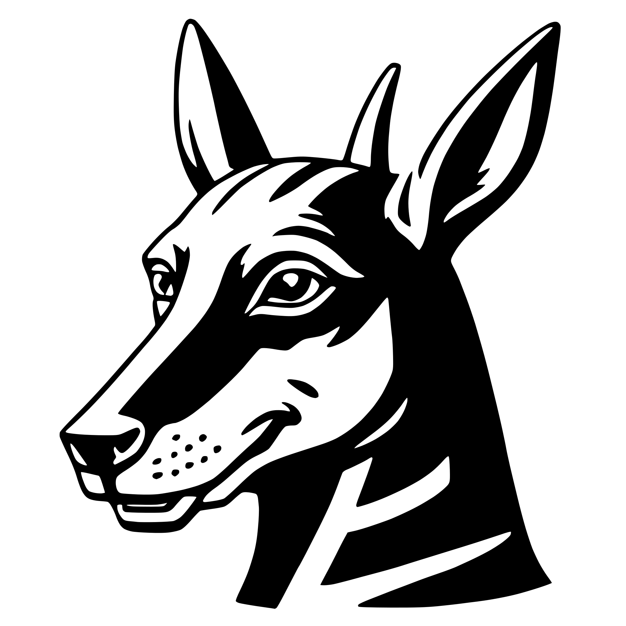 The SVG depicts a stylized black and white illustration of a dog's head. The dog has a prominent nose, two eyes, and two ears. The ears are pointed upwards, and the eyes are looking slightly to the left. The dog's fur appears to be smooth and shiny, with a glossy finish. The SVG is simple and does not contain any additional elements or background details. The dog's head is the central focus of the SVG, and there is no interaction between objects as it is a single object illustration. 