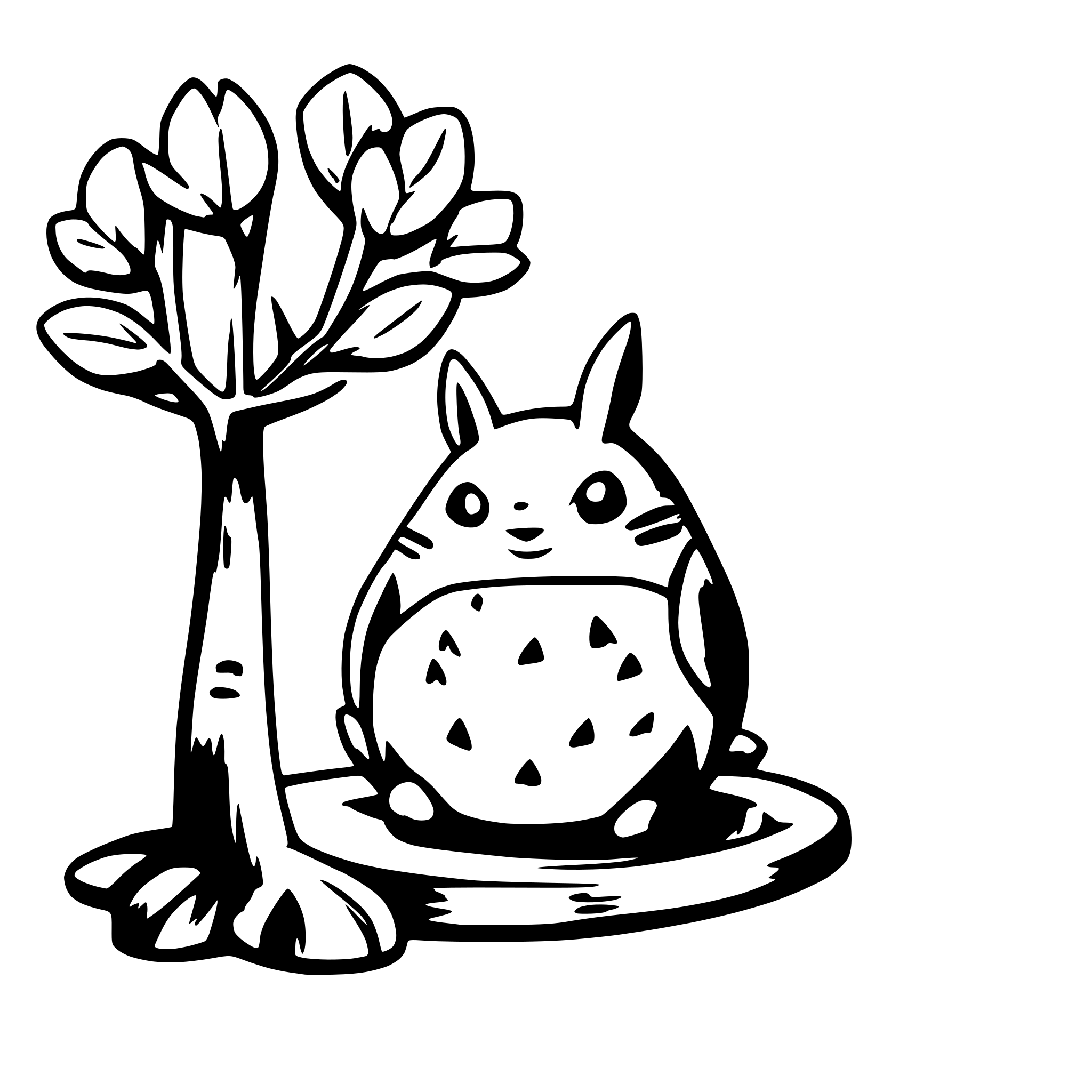 AI-generated SVG of a totoro with a one japanese cherry tree for colouring only lines in the style of hayao miyazaki