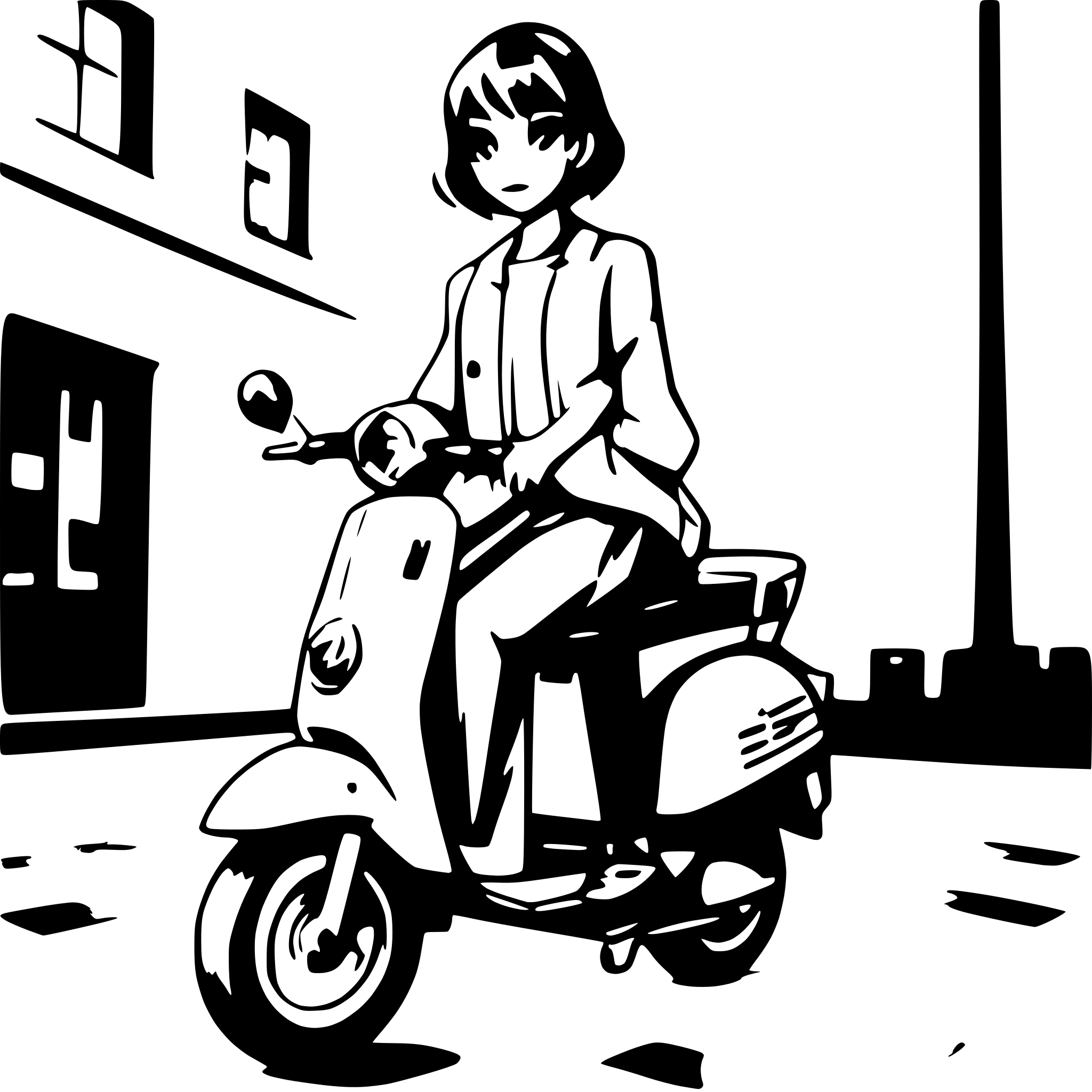 AI-generated SVG of a Short hairs colored black women on a vespa
