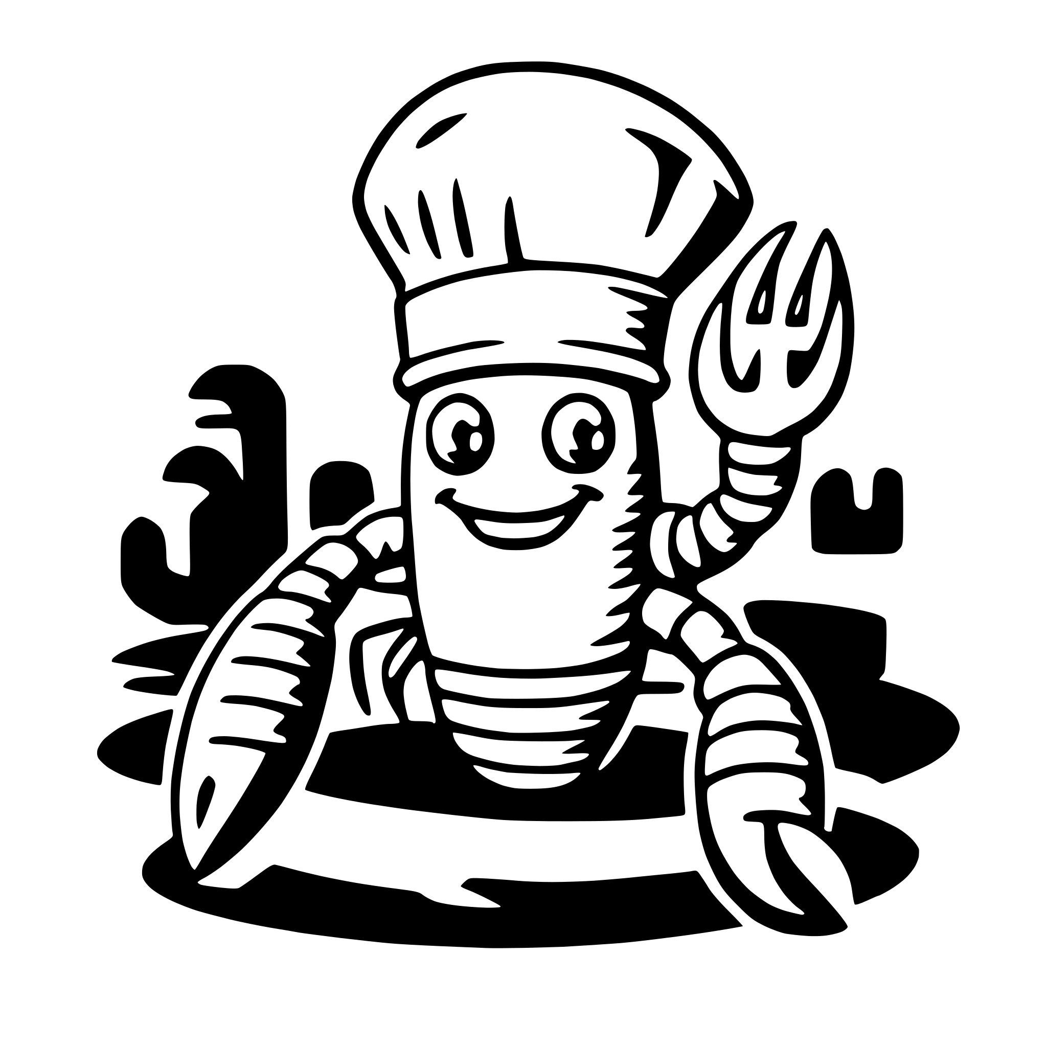 The SVG features a stylized cartoon crab character. The crab is depicted with a smiling face, large eyes, and a friendly expression. It has a prominent chef's hat on its head, suggesting a culinary theme. The crab's body is segmented, with visible claws and antennae. It is standing on what appears to be a stylized representation of a kitchen floor or a cooking surface. The background is minimal, with a few abstract shapes that could be interpreted as stylized trees or plants, contributing to the overall theme of a kitchen environment. The crab is waving with one claw, adding a playful and welcoming gesture to the character. 