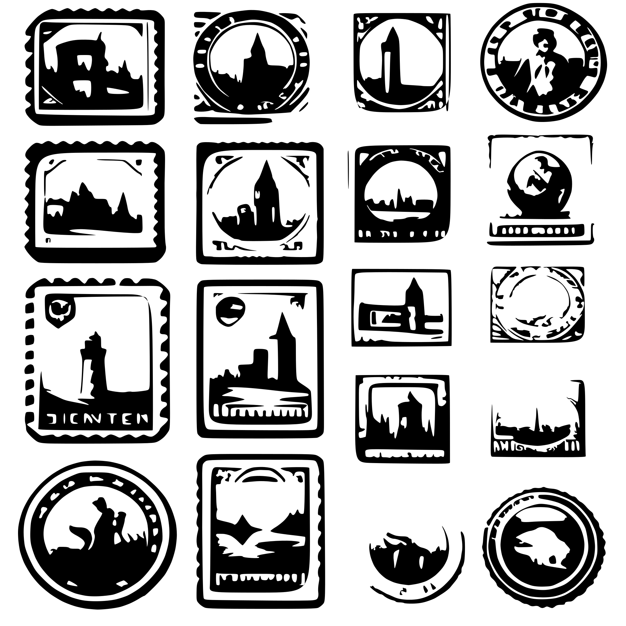 AI-generated SVG of a A collection of vintage postage stamps with intricate borders, perforated edges, and detailed designs. Some stamps are slightly overlapping, featuring classic themes like historical figures, landmarks, and wildlife. The colors are rich and slightly faded for an authentic look.