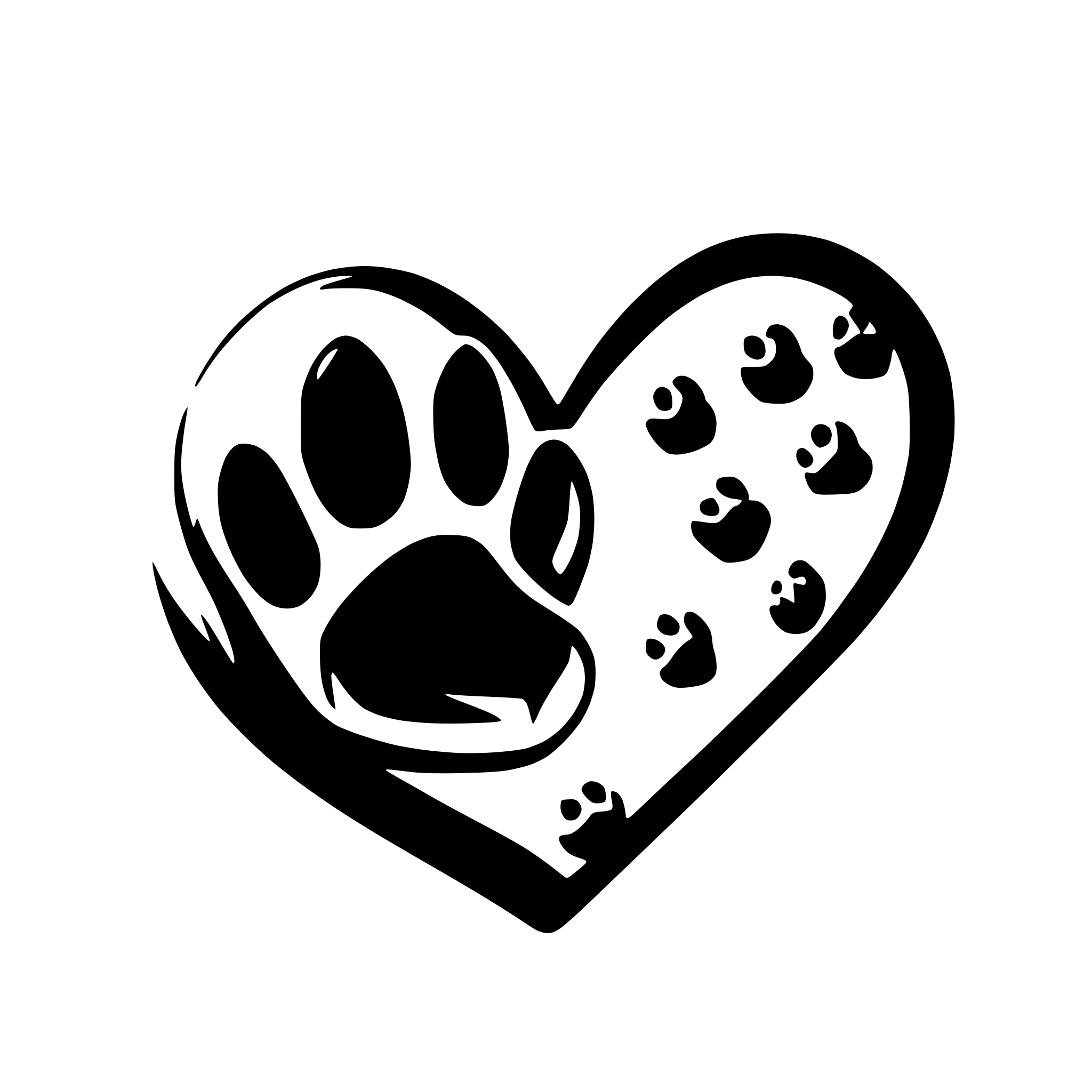 AI-generated SVG of a A friendly and welcoming scene featuring a paw print inside a heart, symbolizing love and care for all pets. Surrounding the heart, silhouettes of different animals, including a dog, cat, bird, rabbit, and reptile, represent inclusivity. The background is clean and minimal to ensure clarity when used on business cards, brochures, and signs.