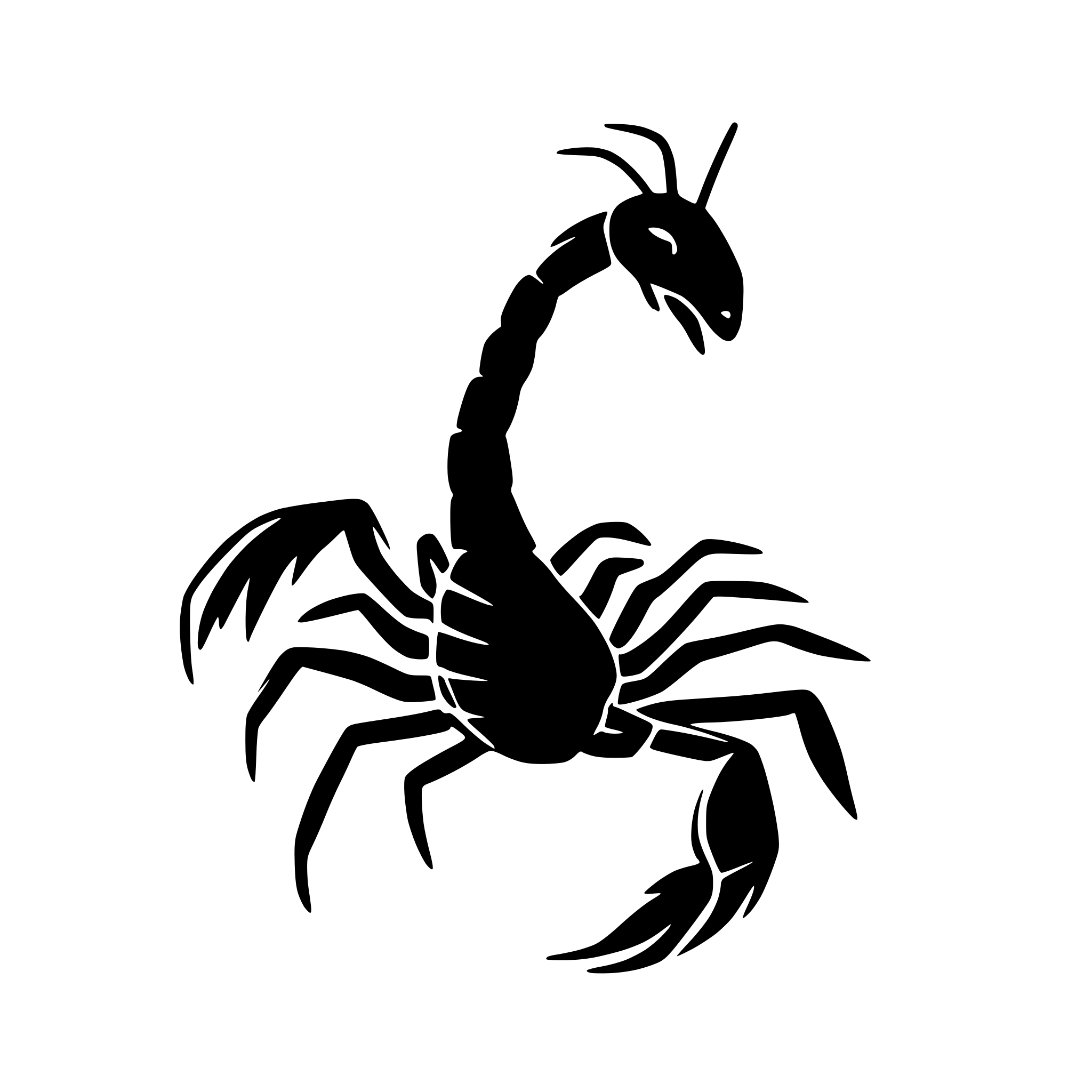 AI-generated SVG of a Create a minimalistic, detailed outline drawing of a scorpion from a side view for use as a really simple logo. The illustration should consist of clean, precise lines to emphasize the scorpion’s form, including its segmented body, arched tail, sharp claws, and multiple legs. Avoid shading, colors, or excessive detail—focus on essential contours for a sleek, modern, and easily recognizable design. The scorpion’s tail should naturally curve over its body, and its pincers should be well-defined. E