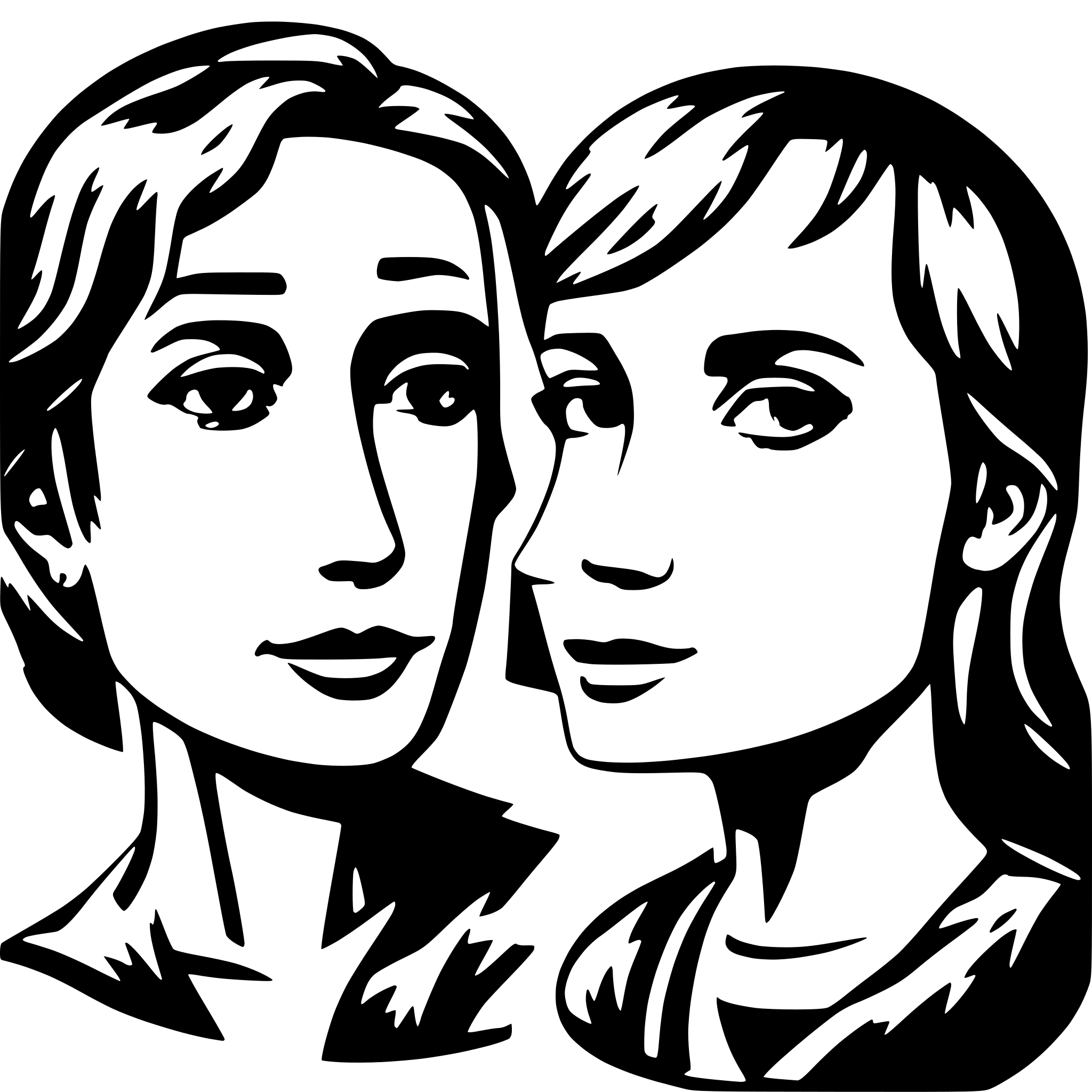 AI-generated SVG of a 2 faces of people talking, abstract, black and white