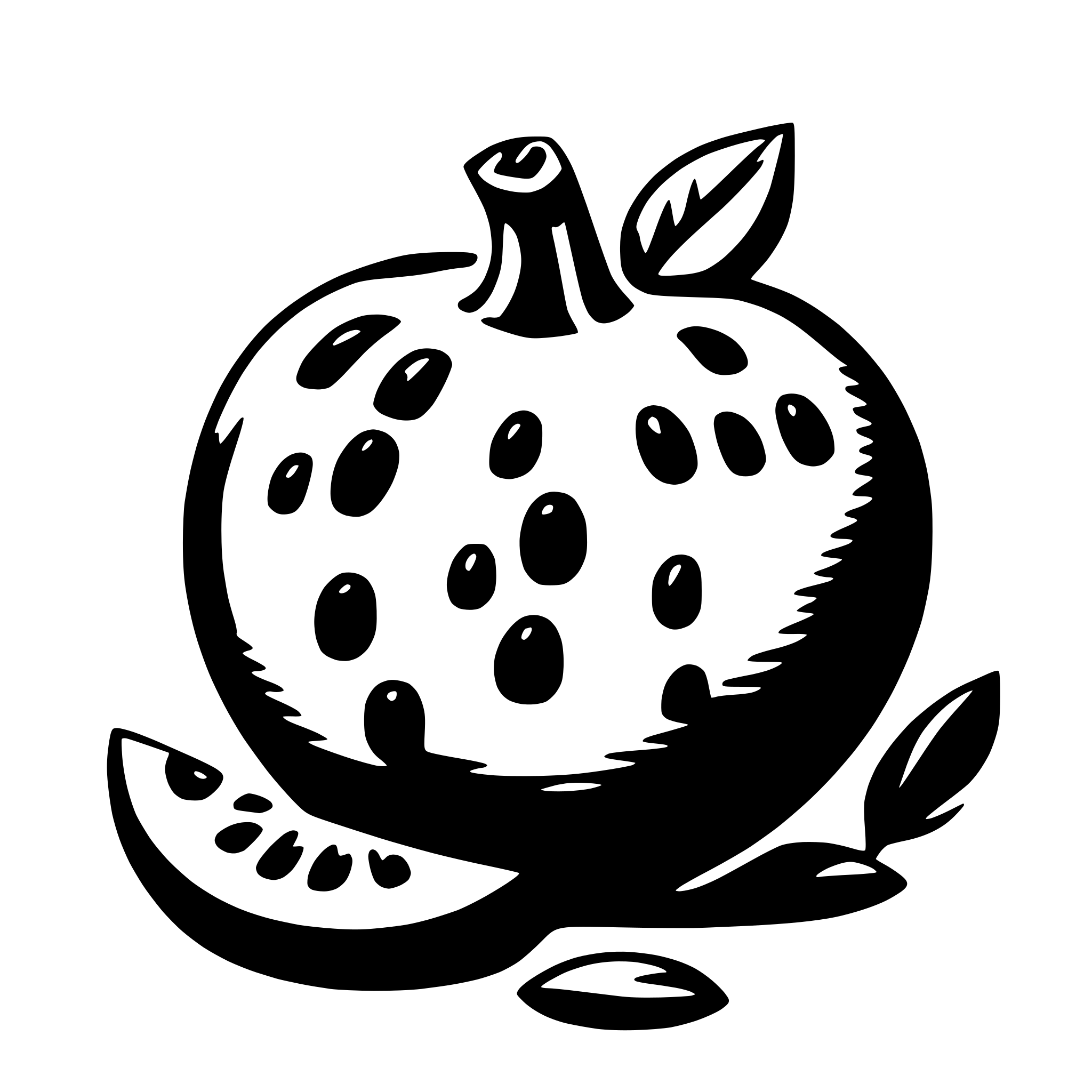 The SVG depicts a stylized illustration of a fruit, which appears to be a pomegranate, with a visible stem and leaves. The fruit is shown with a textured pattern of dark spots on its surface, and there are two slices or halves of the fruit lying beside it, also with the same textured pattern. The leaves are drawn in a simple, outline style, with a few internal details to suggest their structure. The overall style is reminiscent of a line drawing with shading to give depth. 