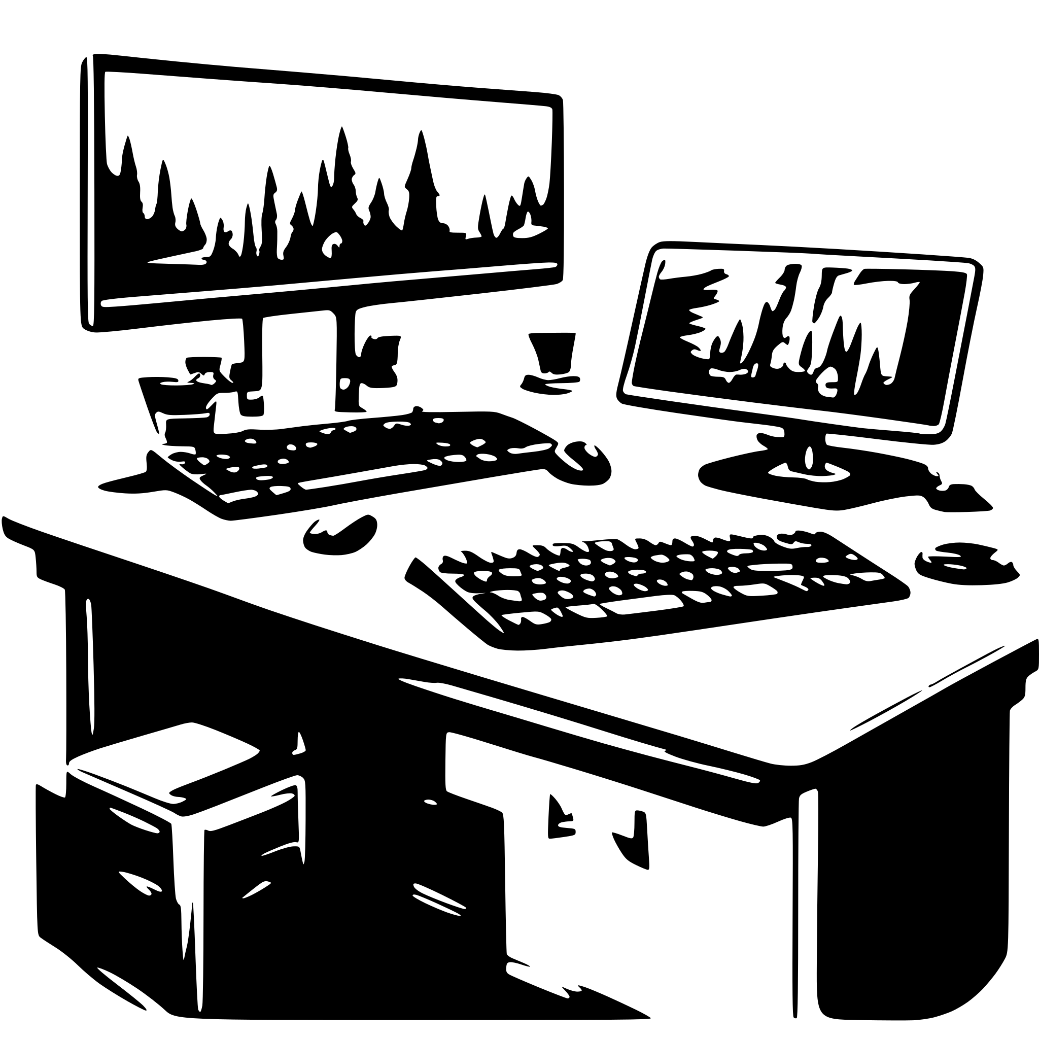 AI-generated SVG of a A dual-monitor desktop setup with a keyboard and mouse. AI-generated SVG of a A dual-monitor desktop setup with a keyboard and mouse.