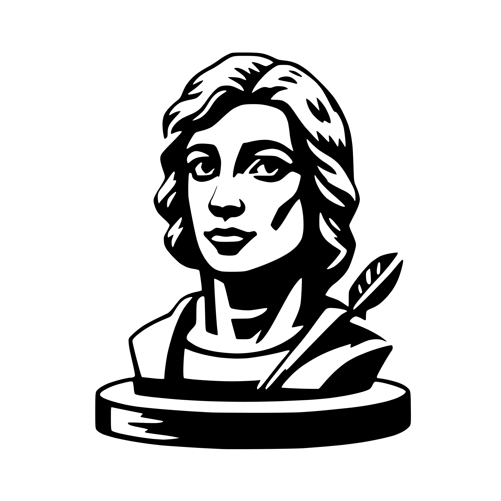 The SVG features a stylized portrait of a person with a thoughtful expression. The individual has short hair and is depicted with a neutral to slightly serious facial expression. The person is wearing a garment with a collar, and there is a quill pen resting on the shoulder, suggesting a theme of writing or academia. The portrait is contained within a circular frame, which is a common design for portraits or medallions. The style of the SVG is reminiscent of classical or neoclassical art, with clean lines and a limited color palette. 