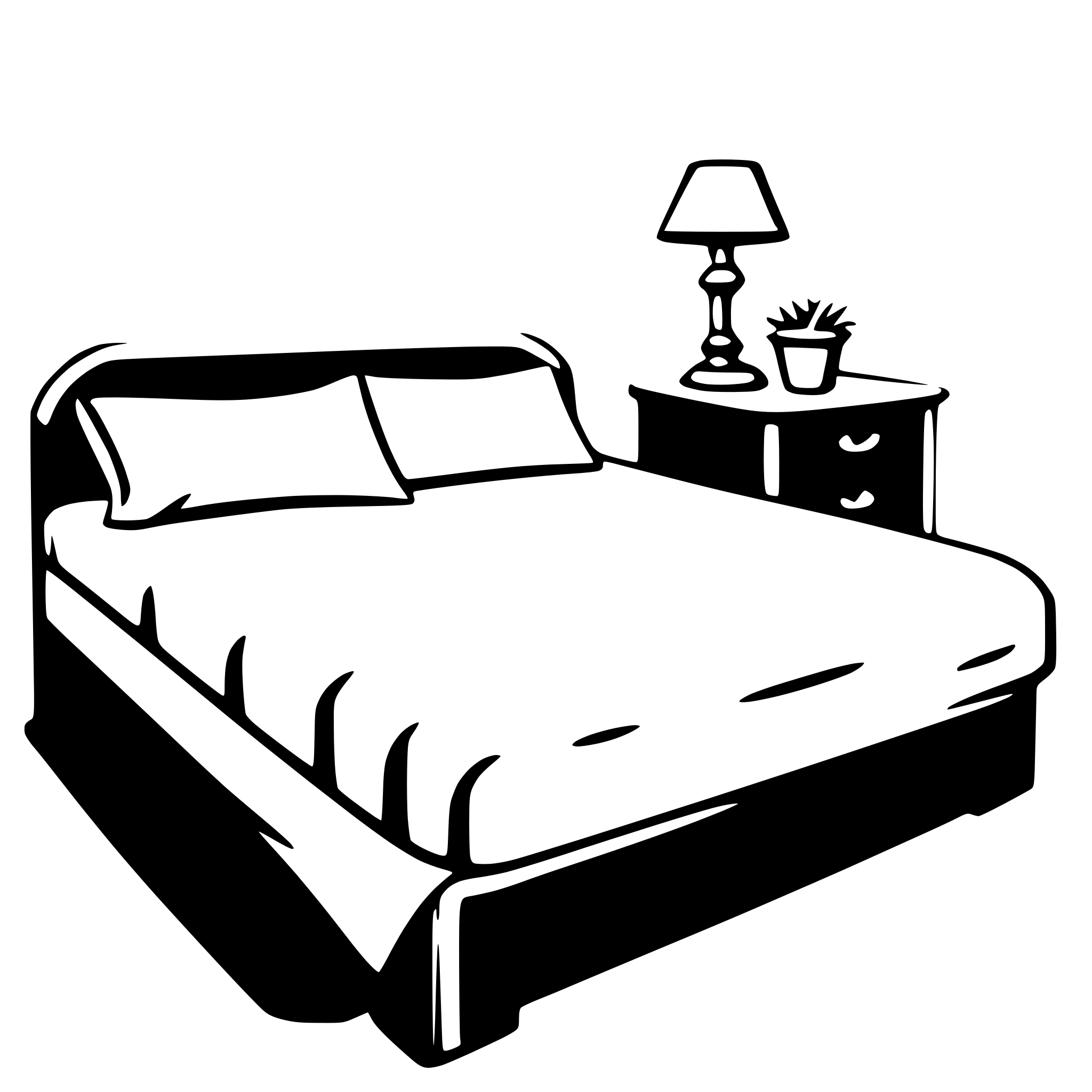 The SVG depicts a simple, stylized bedroom scene. There is a bed with a headboard and a footboard, and it is made up with two pillows. To the right of the bed, there is a nightstand with a lamp on it and a small plant. The lamp has a base and a lampshade, and the plant is in a pot. The bed is positioned against a wall, and the overall style of the SVG is minimalistic and cartoonish. 