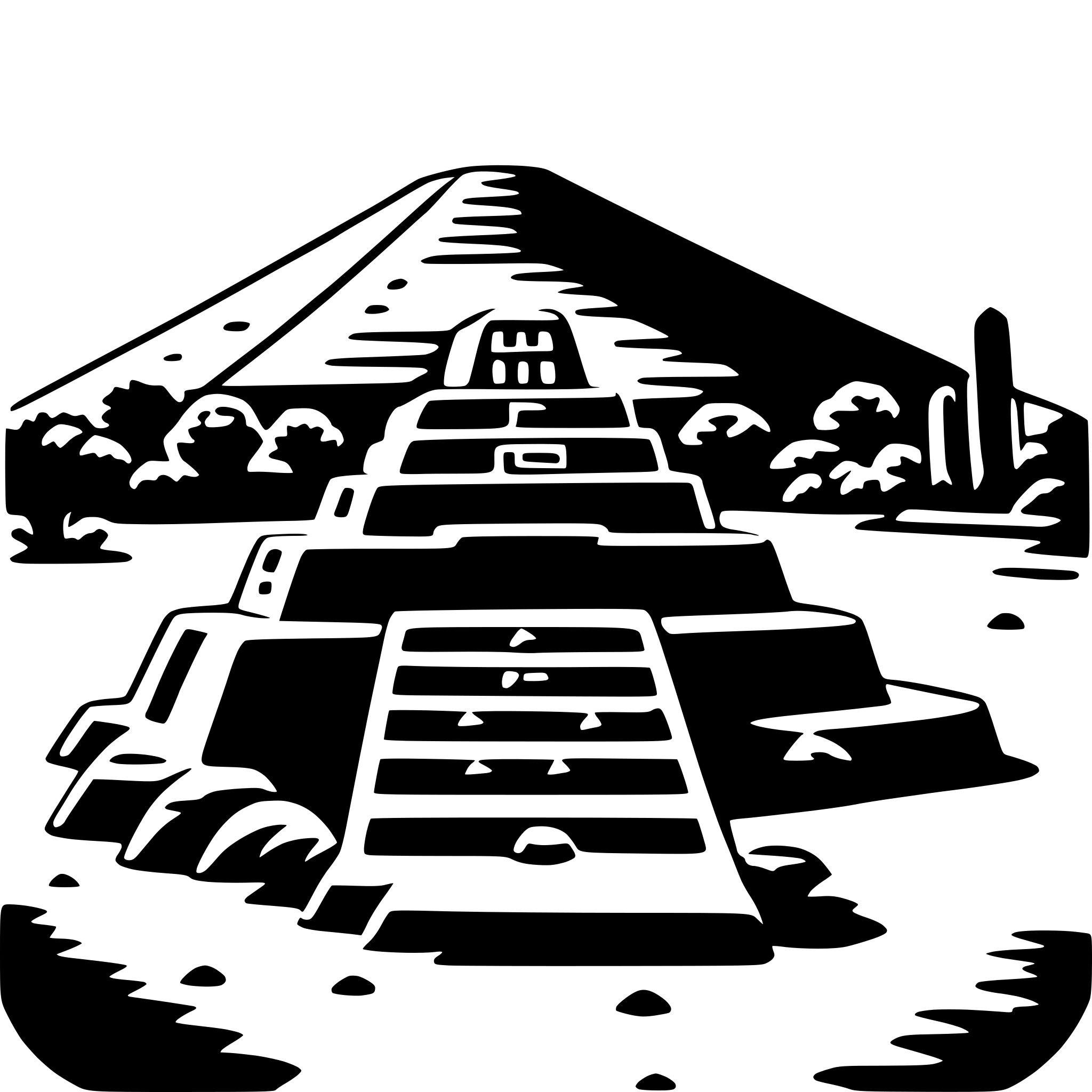 The SVG depicts a stylized pyramid complex, reminiscent of ancient Mesoamerican architecture, such as the pyramids of the Maya or Aztec civilizations. The pyramids are arranged in a stepped, descending pattern, with the largest pyramid at the bottom and the smallest at the top. The pyramids are surrounded by a series of smaller structures that could be interpreted as temples or shrines. The landscape is flat with a few scattered trees and cacti, and there is a clear sky above. The overall style is simplistic and graphic, with clean lines and minimal shading, which is typical for vector illustrations. 
