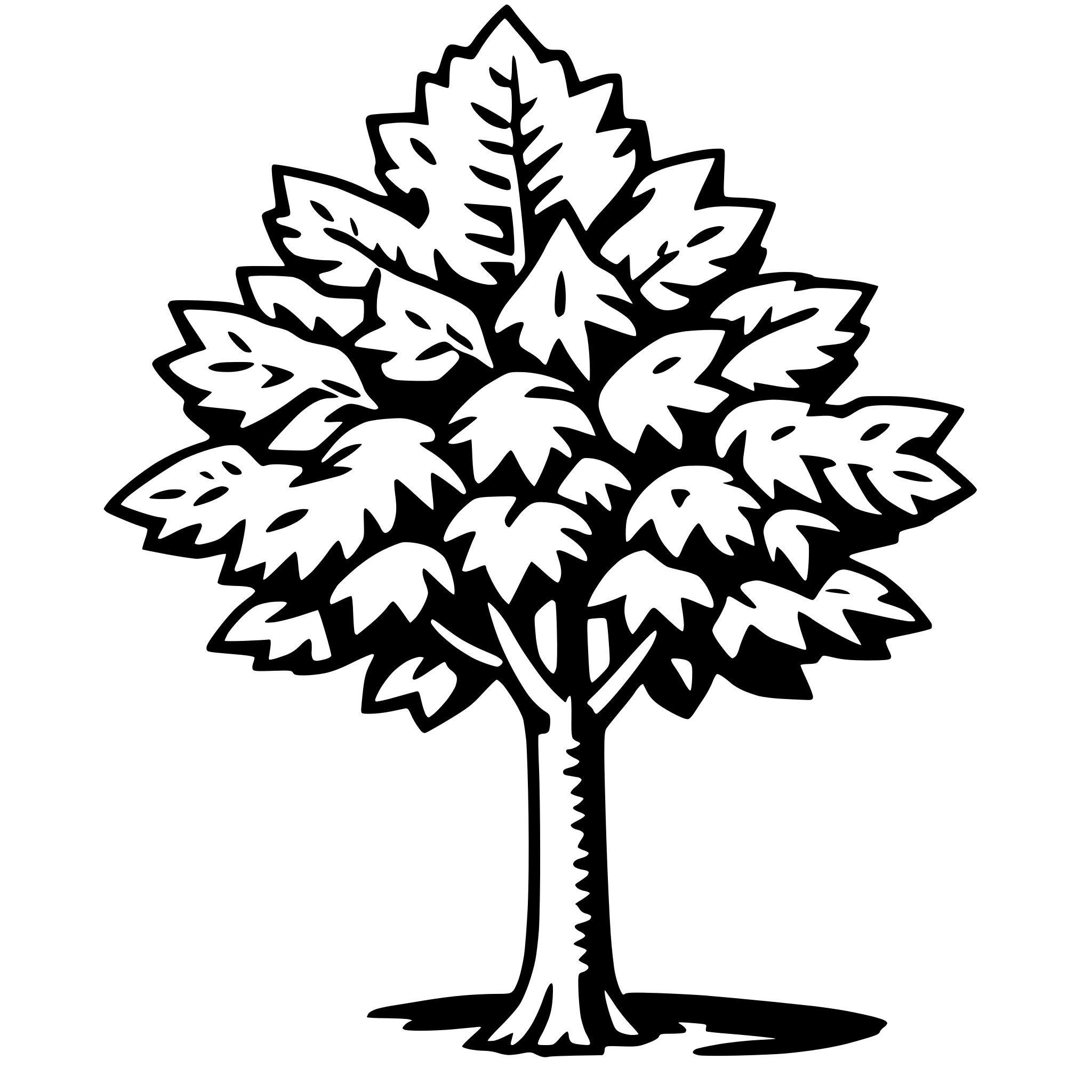 The SVG shows a stylized tree with a simple, outline-only design. The tree has a central trunk that branches out into multiple leaf-like shapes. The leaves are arranged in a symmetrical pattern, with some leaves appearing larger and more detailed than others. The tree is set against a plain background, and there are no additional elements or interactions depicted in the SVG. The style is minimalistic and graphic, with no shading or color information provided. 