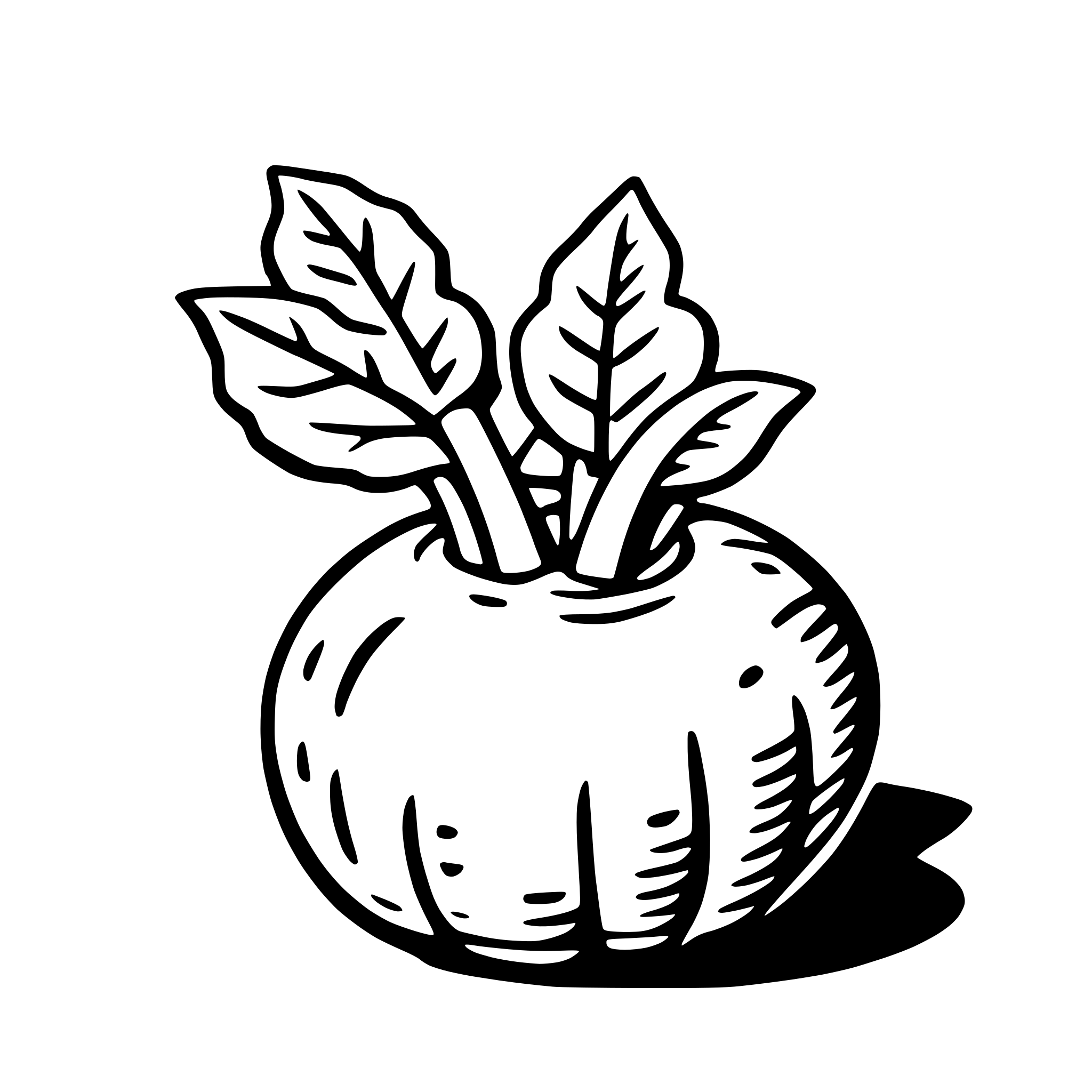 The SVG depicts a stylized illustration of a plant with three leaves and a bulbous root. The leaves are drawn with a simple outline, and the root appears to be a rounded, bulbous shape. The plant is centered in the SVG, and there is a shadow beneath it, suggesting that it is resting on a surface. The style is minimalistic and appears to be a line drawing with no fill. 