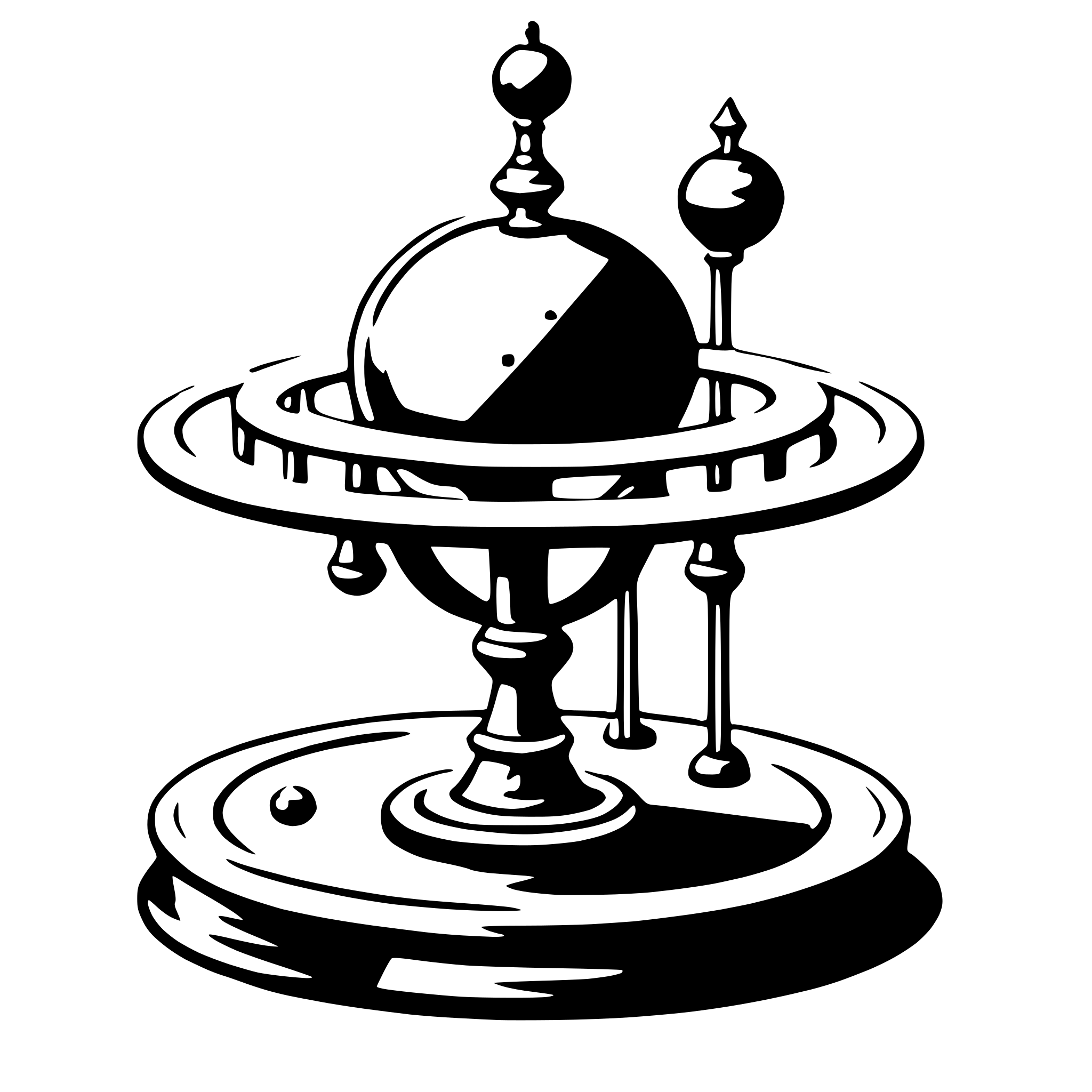 The SVG depicts a classical-style globe on a stand, which is placed on a circular base. The globe is mounted on a central vertical column, which is supported by four ornate legs. The stand has a circular design with a raised rim, and there are two smaller spheres or balls attached to the vertical column, one on each side. The globe itself is detailed with latitude and longitude lines, and there are two smaller spheres at the top and bottom, which are likely to represent the North and South poles. The overall design suggests a representation of the Earth, possibly for educational or decorative purposes. 