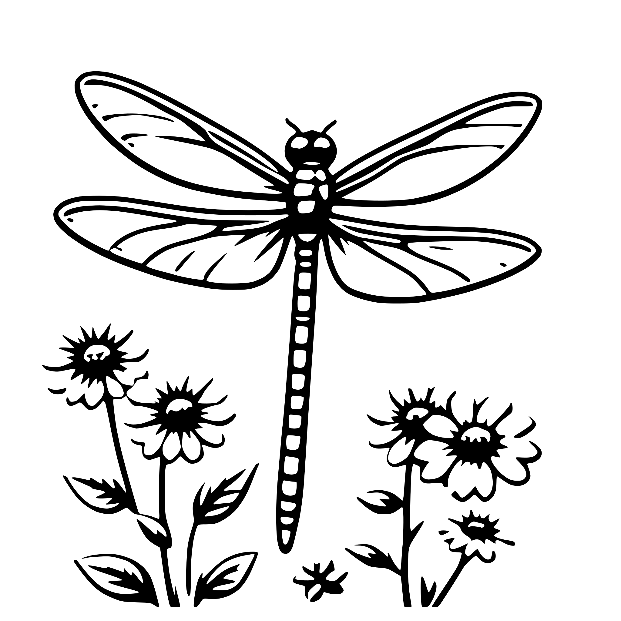 AI-generated SVG of 'dragonfly and flowers'